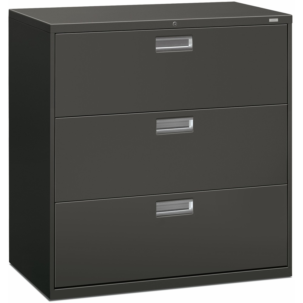 HON693LS - Three-drawer lateral file offers exceptional construction with double-walled base construction for maximum rigidity. Baked enamel finish over rust-inhibiting, phosphate pretreatment adds more durability. Telescoping, ball-bearing suspension delivers remarkably smooth drawer operation. Drawers accommodate letter-size or legal-size folders from side-to-side with included adjustable hangrails. Drawers are flush at the top and sides and feature aluminum recessed drawer pulls and drawer-extension restraint. Mechanical interlock allows only one drawer to open at a time. 42" wide lateral file also offers four adjustable leveling guides for stabilizing; HON One Key interchangeable, core-removable lock; and reinforced case steel construction. Lock mechanism secures both sides of drawers.
