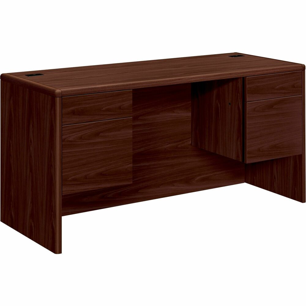 HON10765NN - Credenza with kneespace is part of HON 10700 Series Laminate Wood Desks with worksurfaces and outer end panels clad in multilayer, high-pressure laminate that resists water, abrasions and most solvents. Rich, Mahogany finish covers a durable, 1-1/8" thick, solid-core, high-performance particleboard that resists warping. Hardwood trim is stained to match the top-grade, stain-resistant laminate. Two 3/4 pedestals maximize filing storage space with a box/file configuration. All drawers lock. Five-sided drawer construction allows easy drawer alignment. Hangrails in file drawers offer side-to-side letter and legal filing and front-to-back letter filing. 60" wide credenza also features double-radius edge detail, 3-1/2" recessed modesty panel with one passthrough grommet in the top center, two worksurface grommets to route and hide cords, and adjustable hex leveling glides. Credenza is not designed for use with 24" deep modular or mobile pedestals.