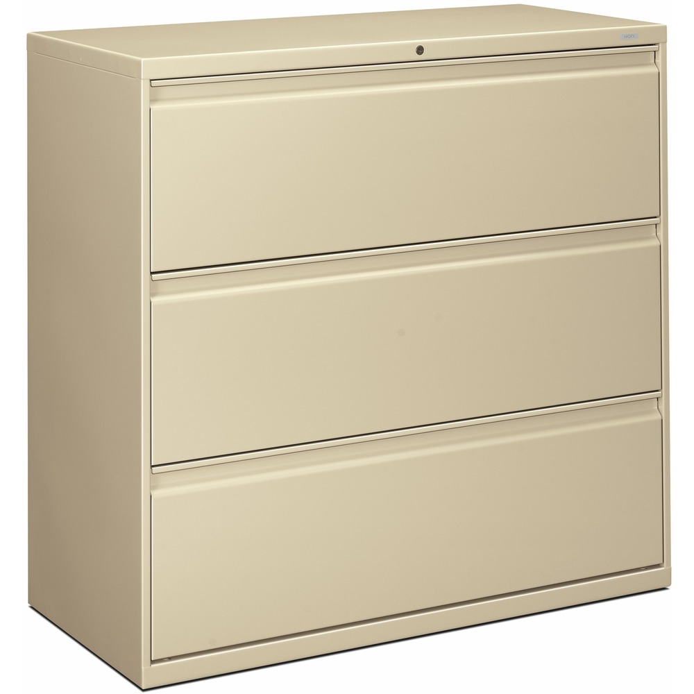 HON893LL - Three-drawer lateral file offers clean lines, reinforced case construction, 42" width, dual side locks for security, and full-width, designer-style handles. Baked enamel finish over rust-inhibiting, phosphate pretreatment adds more durability. Three-part, telescoping, ball-bearing suspension delivers smooth drawer operation. Drawers accommodate letter-size or legal-size folders from side-to-side with included adjustable hangrails. Drawers are flush at the top and sides and feature drawer-extension restraint. Mechanical interlock allows only one drawer to open at a time. Putty-colored lateral file also offers four adjustable leveling guides for stabilizing and HON One Key interchangeable, core-removable lock. Lock mechanism secures both sides of drawers.
