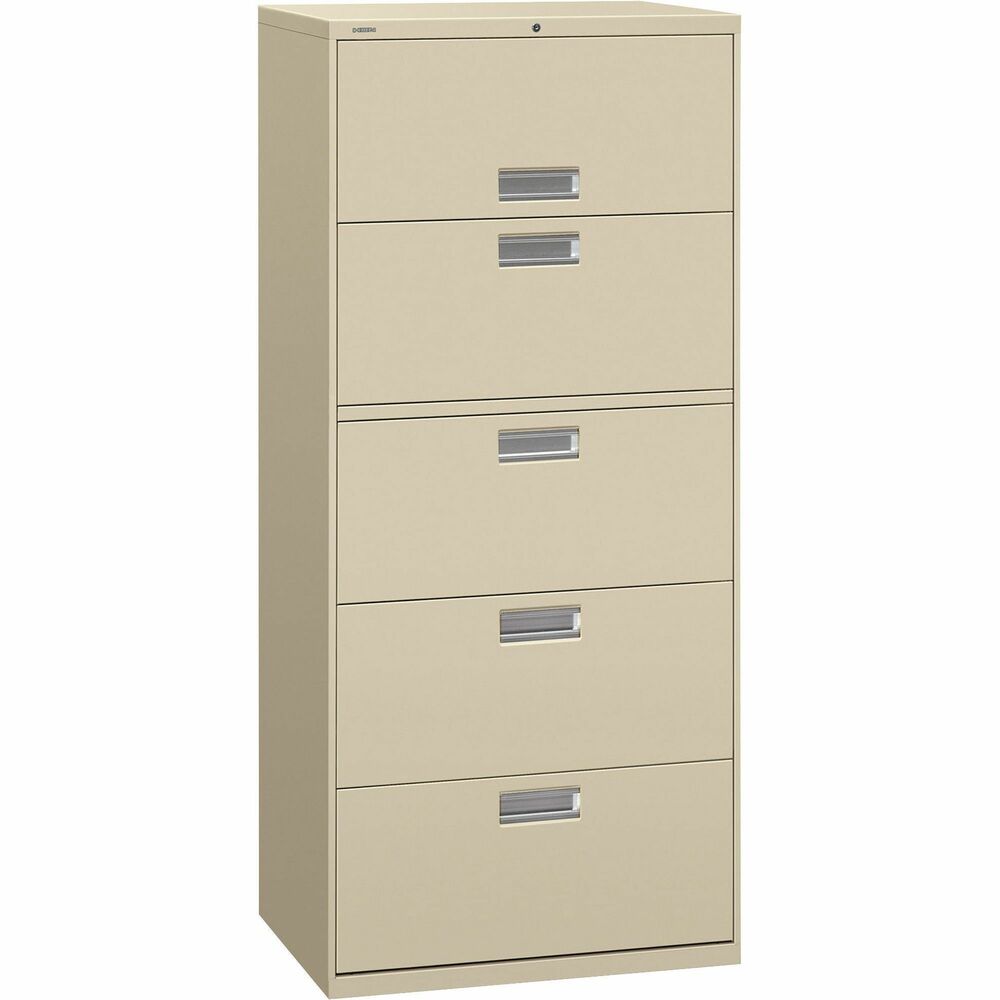 HON675LL - Five-drawer lateral file offers exceptional construction with double-walled base construction for maximum rigidity. Baked enamel finish over rust-inhibiting, phosphate pretreatment adds more durability. Telescoping, ball-bearing suspension delivers remarkably smooth drawer operation. The drawers accommodate letter-size or legal-size folders from side-to-side with included adjustable hangrails. Drawers are flush at the top and sides and feature aluminum recessed drawer pulls and drawer-extension restraint. Mechanical interlock allows only one drawer to open at a time. The top drawer is a roll-out shelf for side-to-side filing. Lateral file also offers four adjustable leveling guides for stabilizing; HON One Key interchangeable, core-removable lock; and reinforced case steel construction. Lock mechanism secures both sides of drawers.
