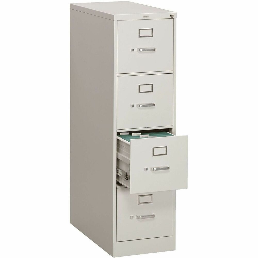 HON314PQ - Four-drawer, vertical filing cabinet features a 26-1/2" case depth, label holders and a One Key core-removable lock kit. High drawer sides accept letter-size hanging folders without the use of hangrails. All drawers have thumb latches and three-part, telescoping, steel ball-bearing suspension. Spring-loaded, follower blocks keep files upright. Follower blocks have positive, slide-action positioning that is adjustable on 5/8" centers. Light gray vertical file has a baked enamel finish over rust-inhibiting, phosphate pretreatment. File is certified by SCS to be in compliance with specific, indoor, air-quality emission requirements and meets or exceeds applicable ANSI/BIFMA standards.