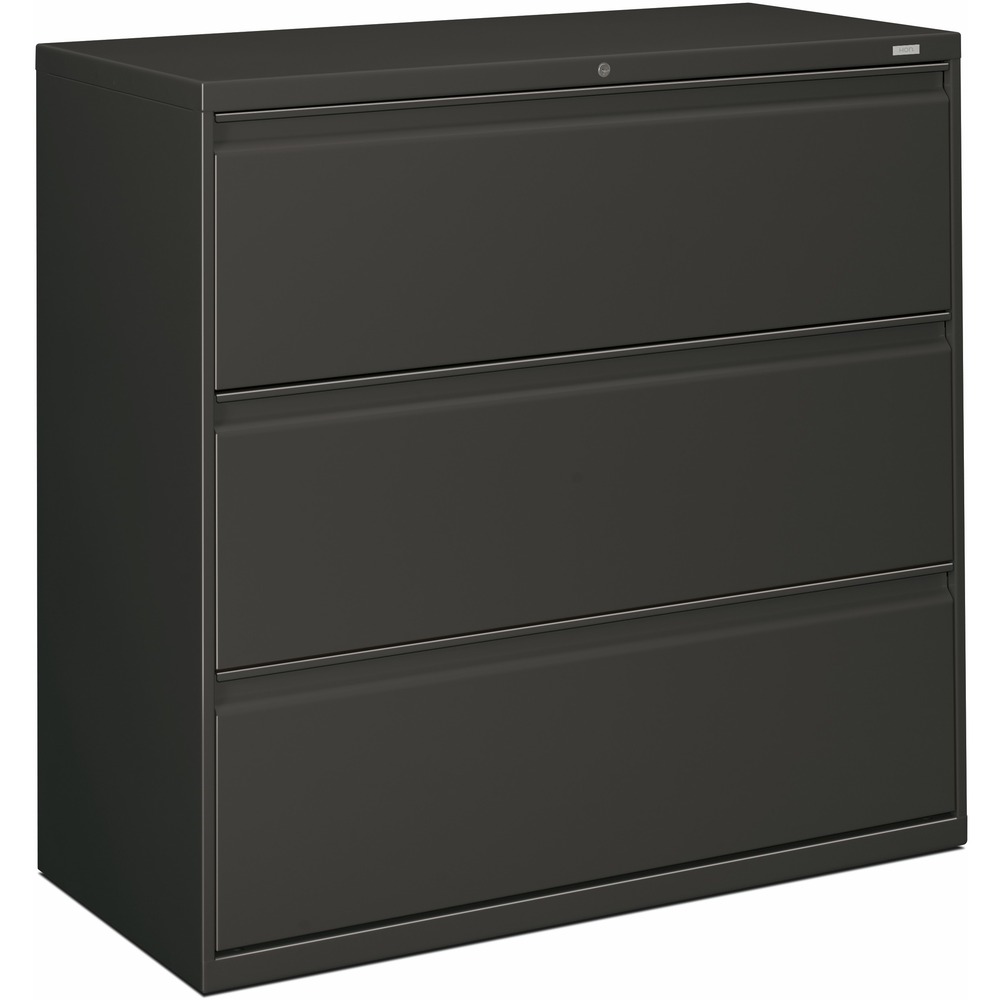 HON893LS - Three-drawer lateral file offers clean lines, reinforced case construction, 42" width, dual side locks for security, and full-width, designer-style handles. Baked enamel finish over rust-inhibiting, phosphate pretreatment adds more durability. Three-part, telescoping, ball-bearing suspension delivers smooth drawer operation. Drawers accommodate letter-size or legal-size folders from side-to-side with included adjustable hangrails. Drawers are flush at the top and sides and feature drawer-extension restraint. Mechanical interlock allows only one drawer to open at a time. Charcoal lateral file also offers four adjustable leveling guides for stabilizing and HON One Key interchangeable, core-removable lock. Lock mechanism secures both sides of drawers.