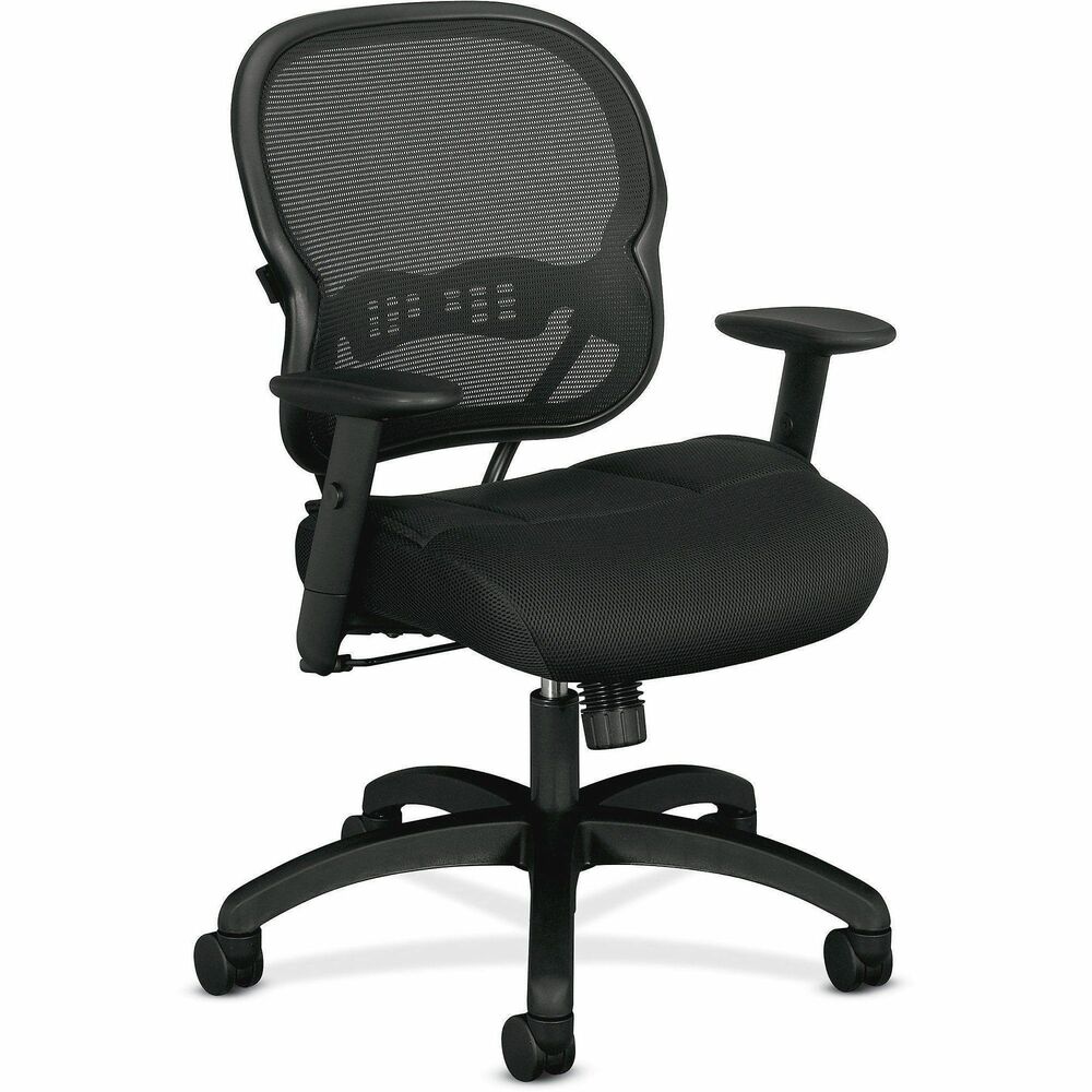 BSXVL712MM10 - Mid-back chair features a mesh fabric seat cushion with two layers of padding for increased comfort. Functions include pneumatic seat-height adjustment, 360-degree swivel, dual-action synchro-tilt, tilt tension and tilt lock. Included urethane arms adjust in height. Frame is available in black only. Five-leg base is made of molded plastic and has hooded 2" diameter dual-wheel casters. More from the Manufacturer