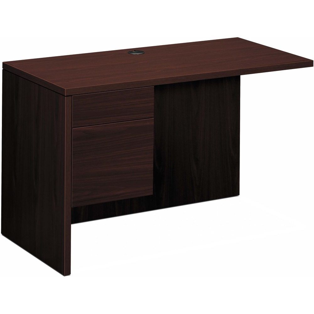 HON10516LNN - Left return with 3/4 pedestal is a part of HON 10500 Series Wood Laminate Furniture. To create an L-shaped layout, use with the 10500's right-pedestal desk. It can also be used with desk shells, peninsulas and corner units. Left return with formal, full-height modesty panel features one box and one file drawer. Locking drawers offer five-sided construction for easy drawer alignment. Interchangeable, core-removable lock makes rekeying quick and easy. Box drawer operates on ball-bearing suspension with 3/4 extension. File drawer extends fully on ball-bearing suspension. Included hangrails are designed for side-to-side letter-size or legal-size filing and front-to-back letter-size filing. Top and end panels are made with durable, thermal-fused laminate over durable, 1-1/8" thick, solid-core high-performance particleboard and resist warping, scratches and stains. One-cord, pass-through, 3" grommet in the top is designed to reach electrical wall outlets while routing wires and cables.