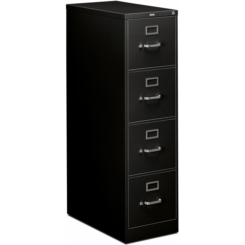 HON314PP - Four-drawer, vertical filing cabinet features a 26-1/2" case depth, label holders and a One Key core-removable lock kit. High drawer sides accept letter-size hanging folders without the use of hangrails. All drawers have thumb latches and three-part, telescoping, steel ball-bearing suspension. Spring-loaded, follower blocks keep files upright. Follower blocks have positive, slide-action positioning that is adjustable on 5/8" centers. Black vertical file has a baked enamel finish over rust-inhibiting, phosphate pretreatment. File is certified by SCS to be in compliance with specific, indoor, air-quality emission requirements and meets or exceeds applicable ANSI/BIFMA standards.