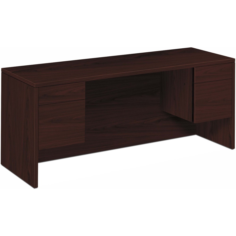 HON10543NN - Kneespace credenza with 3/4 pedestal is part of HON 10500 Series Wood Laminate Desking that offers practical functionality and uncompromising durability. Durable, 1-1/8" solid-core, high-performance particleboard resists warping. Laminate is scratch-resistant, stain-resistant and spill-resistant. Credenza features one box and one file drawer in each pedestal. Drawers lock and offer five-sided construction for easy drawer alignment or replacement of drawer fronts. Interchangeable, core-removable lock makes rekeying quick and easy. Box drawers operate on ball-bearing suspension with 3/4 extension while the file drawers extend fully on ball-bearing suspension. Included hangrails are designed for side-to-side, letter-size or legal-size filing and front-to-back letter-size filing. Formal, full-height modesty panel features one-cord, pass-through the grommet in the top center for easy access to wall electrical outlets. Credenza is not designed to be used with modular or mobile pedestals.