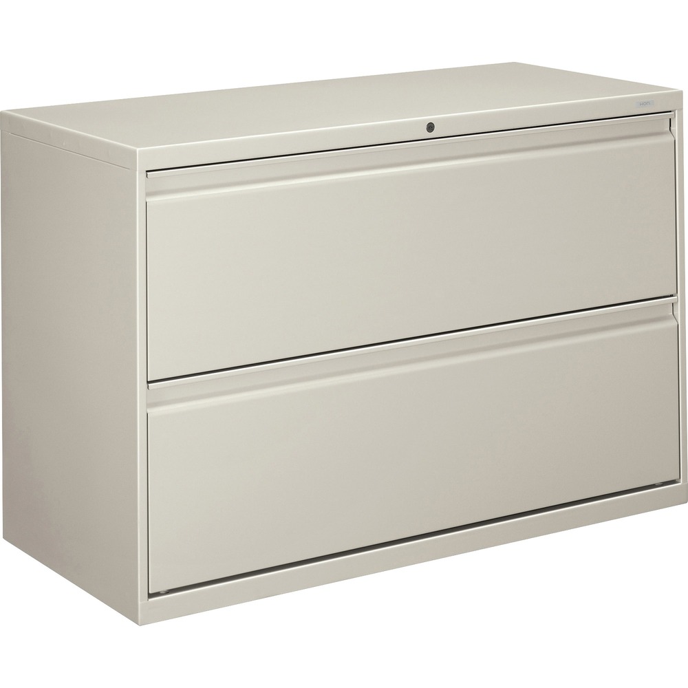 HON892LQ - Two-drawer lateral file offers clean lines, reinforced case construction, 42" width, dual side locks for security, and full-width, designer-style handles. Baked enamel finish over rust-inhibiting, phosphate pretreatment adds more durability. Three-part, telescoping, ball-bearing suspension delivers smooth drawer operation. Drawers accommodate letter-size or legal-size folders from side-to-side with included adjustable hangrails. Drawers are flush at the top and sides and feature drawer-extension restraint. Mechanical interlock allows only one drawer to open at a time. Light gray lateral file also offers four adjustable leveling guides for stabilizing and HON One Key interchangeable, core-removable lock. Lock mechanism secures both sides of drawers.