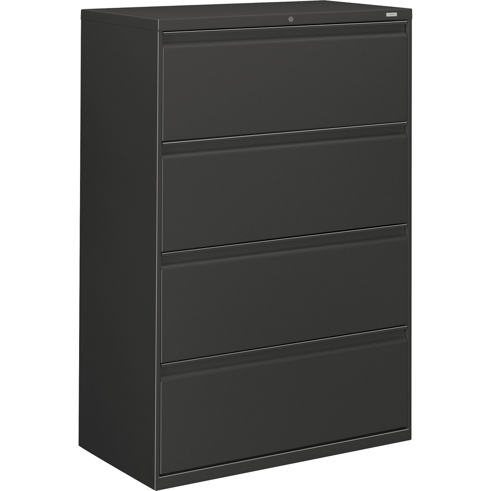 HON884LS - Four-drawer lateral file offers clean lines, reinforced case construction, 36" width, dual side locks for security, and full-width, designer-style handles. Baked enamel finish over rust-inhibiting, phosphate pretreatment adds more durability. Three-part, telescoping, ball-bearing suspension delivers smooth drawer operation. Drawers accommodate letter-size or legal-size folders from side-to-side with included adjustable hangrails. Drawers are flush at the top and sides and feature drawer-extension restraint. Mechanical interlock allows only one drawer to open at a time. Charcoal lateral file also offers four adjustable leveling guides for stabilizing and HON One Key interchangeable, core-removable lock. Lock mechanism secures both sides of drawers.