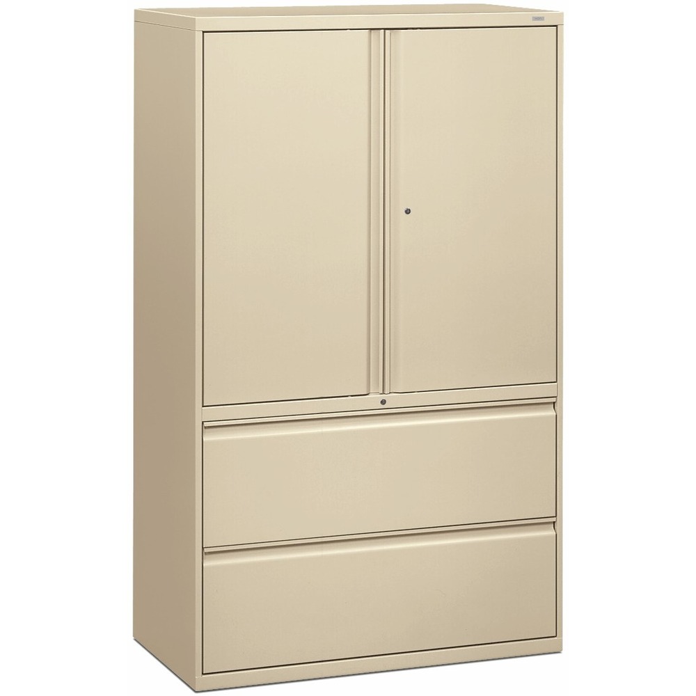 HON895LSL - Lateral file with cabinet storage features locking hinged doors with bevel pulls and two adjustable shelves that adjust in 2" increments. Inside height of cabinet is 36-1/4". Bottom of cabinet has two lateral file drawers with full-width bevel pulls, steel ball-bearing suspension, and adjustable hangrails for side-to-side letter-size/legal-size filing. "One-Key" core-removable locks on door and on file lock independently. Lateral file has four adjustable leveling guides. File is certified by SCS to be in compliance with specific, indoor, air-quality emission requirements and meets or exceeds applicable ANSI/BIFMA standards.