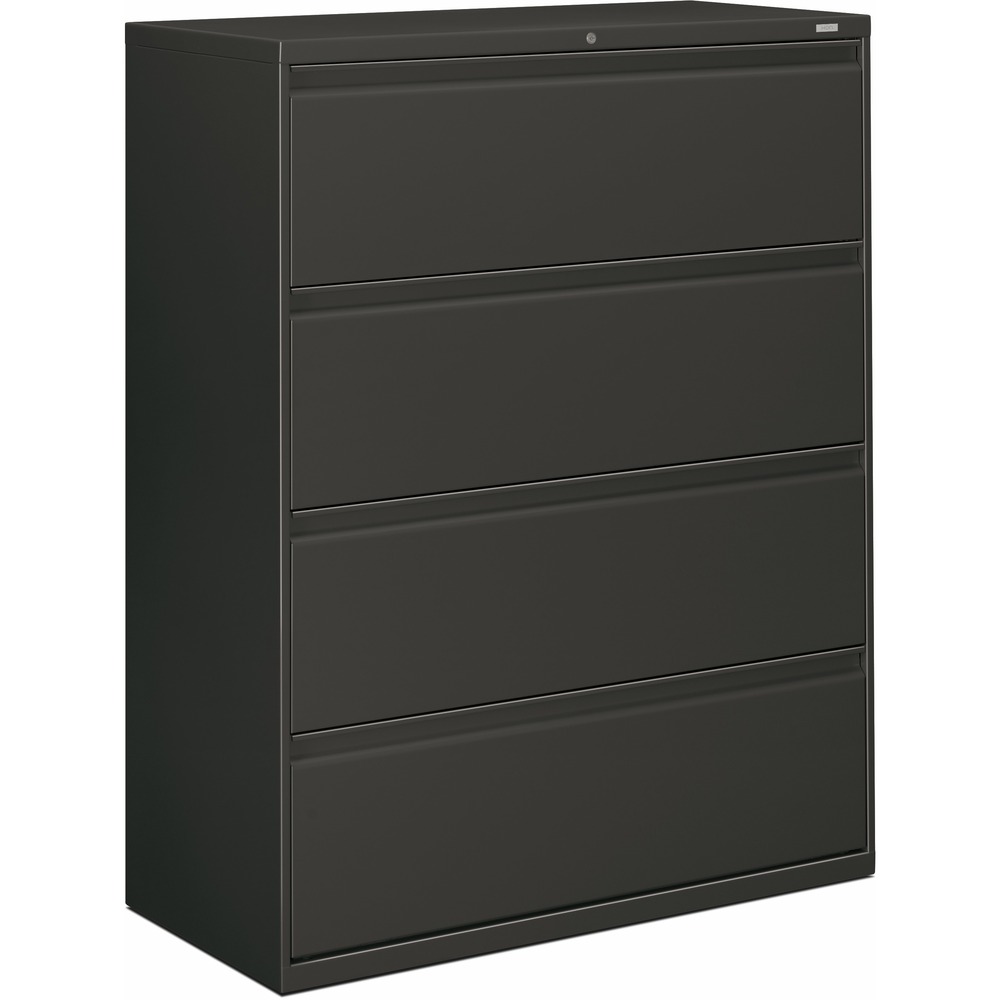 HON894LS - Four-drawer lateral file offers clean lines, reinforced case construction, 42" width, dual side locks for security, and full-width, designer-style handles. Baked enamel finish over rust-inhibiting, phosphate pretreatment adds more durability. Three-part, telescoping, ball-bearing suspension delivers smooth drawer operation. Drawers accommodate letter-size or legal-size folders from side-to-side with included adjustable hangrails. Drawers are flush at the top and sides and feature drawer-extension restraint. Mechanical interlock allows only one drawer to open at a time. Charcoal lateral file also offers four adjustable leveling guides for stabilizing and HON One Key interchangeable, core-removable lock. Lock mechanism secures both sides of drawers.