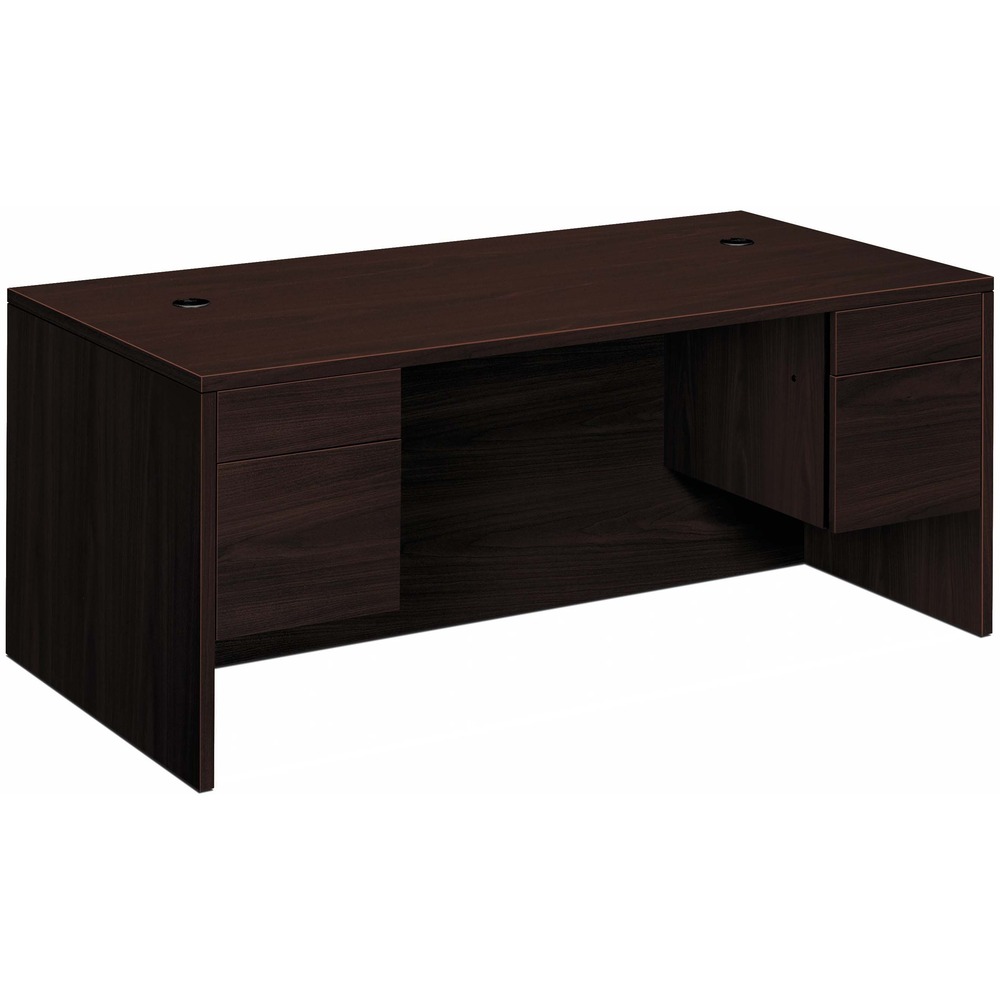 HON10593NN - Double-pedestal desk with rectangular top is part of HON 10500 Series Wood Laminate Desking that offers practical functionality and uncompromising durability. Durable, 1-1/8" solid-core, high-performance particleboard resists warping. Laminate is scratch-resistant, stain-resistant and spill-resistant. Desk features full-height modesty panel and 3/4 pedestal with one box and one file drawer. Drawers lock and offer five-sided construction for easy drawer alignment or replacement of drawer fronts. Interchangeable, core-removable lock makes rekeying quick and easy. Box drawers operate on ball-bearing suspension with 3/4 extension while the file drawers extend fully on ball-bearing suspension. Included hangrails are designed for side-to-side, letter-size or legal-size filing and front-to-back letter-size filing. Two round grommets (3") in the desktop offer easy cord management.