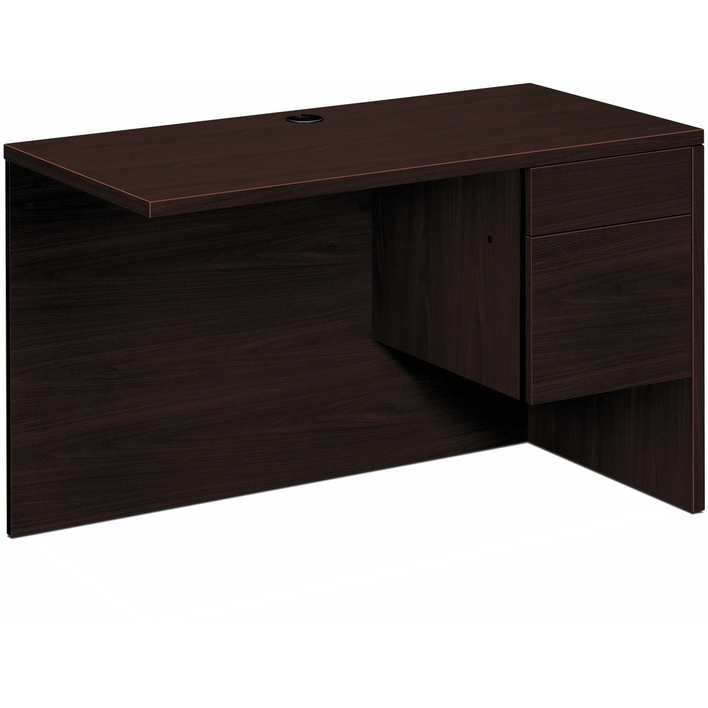 HON10515RNN - Right return with 3/4 pedestal is a part of HON 10500 Series Wood Laminate Furniture. To create an L-shaped layout, use with the 10500's left-pedestal desk. It can also be used with desk shells, peninsulas and corner units. Right return with formal, full-height modesty panel features one box and one file drawer. Locking drawers offer five-sided construction for easy drawer alignment. Interchangeable, core-removable lock makes rekeying quick and easy. Box drawer operates on ball-bearing suspension with 3/4 extension. File drawer extends fully on ball-bearing suspension. Included hangrails are designed for side-to-side letter-size or legal-size filing and front-to-back letter-size filing. Top and end panels are made with durable, thermal-fused laminate over durable, 1-1/8" thick, solid-core high-performance particleboard and resist warping, scratches and stains. One-cord, pass-through, 3" grommet in the top is designed to reach electrical wall outlets while routing wires and cables.