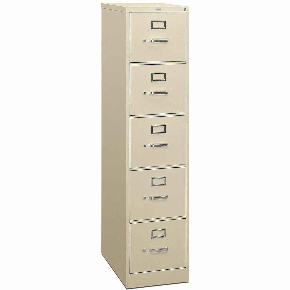 HON315PL - Five-drawer, vertical filing cabinet features a 26-1/2" case depth, label holders and a One Key core-removable lock kit. High drawer sides accept letter-size hanging folders without the use of hangrails. All drawers have thumb latches and three-part, telescoping, steel ball-bearing suspension. Spring-loaded, follower blocks keep files upright. Follower blocks have positive, slide-action positioning that is adjustable on 5/8" centers. Putty-colored vertical file has a baked enamel finish over rust-inhibiting, phosphate pretreatment. File is certified by SCS to be in compliance with specific, indoor, air-quality emission requirements and meets or exceeds applicable ANSI/BIFMA standards.
