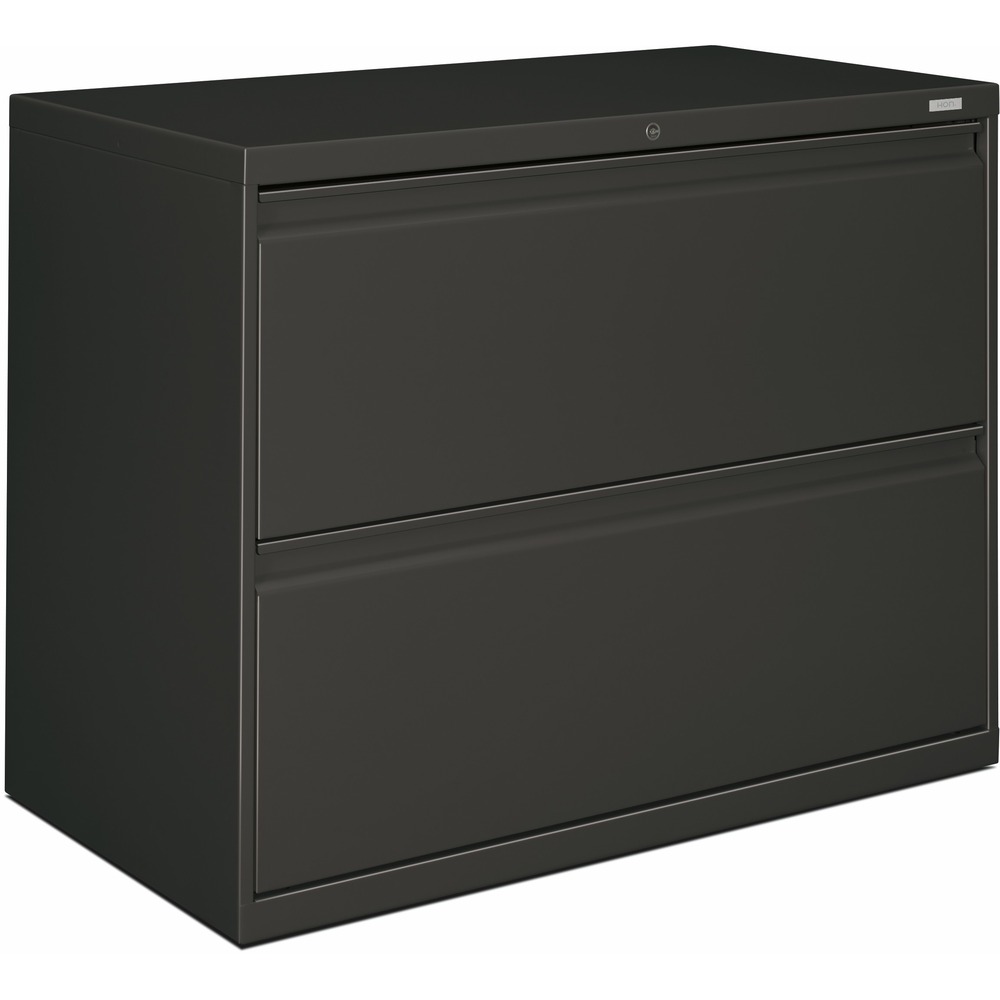 HON882LS - Two-drawer lateral file offers clean lines, reinforced case construction, 36" width, dual side locks for security, and full-width, designer-style handles. Baked enamel finish over rust-inhibiting, phosphate pretreatment adds more durability. Three-part, telescoping, ball-bearing suspension delivers smooth drawer operation. Drawers accommodate letter-size or legal-size folders from side-to-side with included adjustable hangrails. Drawers are flush at the top and sides and feature drawer-extension restraint. Mechanical interlock allows only one drawer to open at a time. Charcoal lateral file also offers four adjustable leveling guides for stabilizing and HON One Key interchangeable, core-removable lock. Lock mechanism secures both sides of drawers.