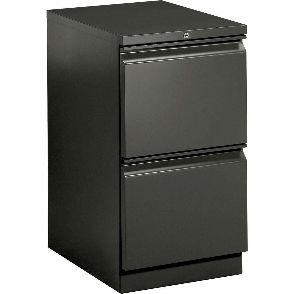HON33823RS - Mobile pedestal with HON Brigade Series 800 lateral-pull design fits under standard HON Initiate, 38000 Series and 29-1/2" worksurfaces. Freestanding pedestal offers a 22-7/8" depth and two file drawers with ball-bearing suspension (90 percent extension). High-sided file drawers feature two crossrails and accommodate front-to-back filing for letter-size, hanging file folders. Counterweight inhibits tipping when opening more than one drawer. Charcoal gray pedestal is also equipped with a HON One Key interchangeable, core-removable lock; fixed front casters; and swivel rear casters. Pedestal meets or exceeds ANSI/BIFMA and ISTA performance standards.