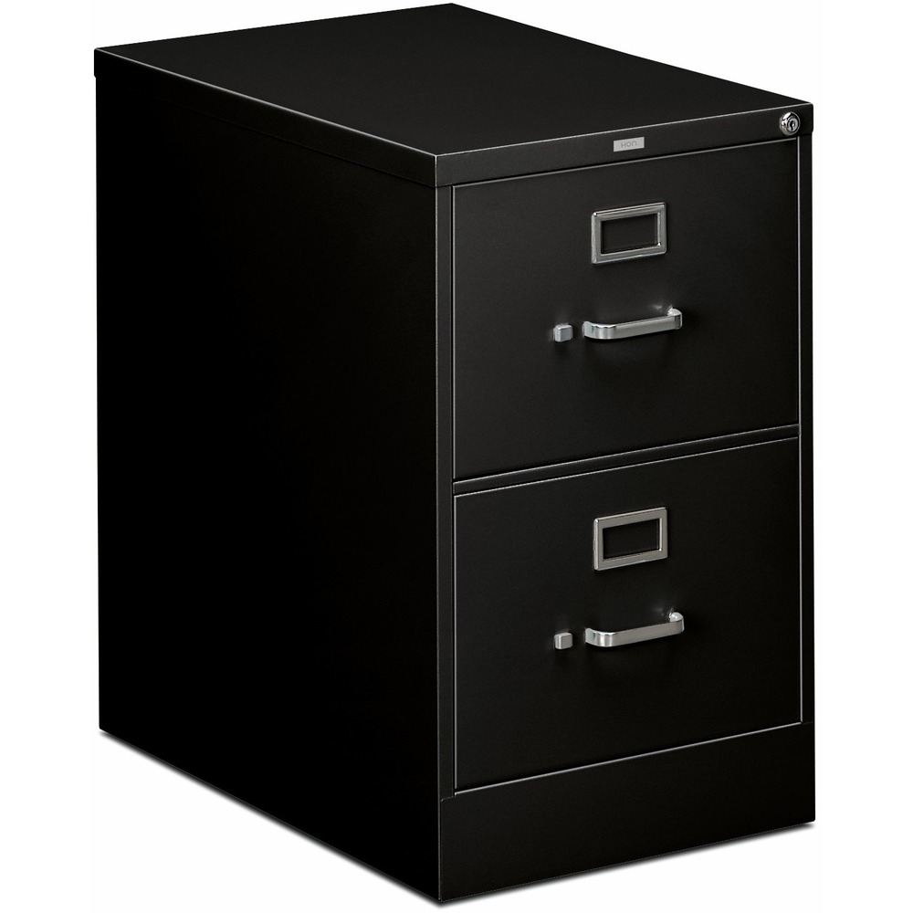 HON312CPP - Two-drawer, vertical filing cabinet features a 26-1/2" case depth, label holders and a One Key core-removable lock kit. High drawer sides accept legal-size hanging folders without the use of hangrails. Both drawers have thumb latches and three-part, telescoping, steel ball-bearing suspension. Spring-loaded, follower blocks keep files upright. Follower blocks have positive, slide-action positioning that is adjustable on 5/8" centers. Black vertical file has a baked enamel finish over rust-inhibiting, phosphate pretreatment. File is certified by SCS to be in compliance with specific, indoor, air-quality emission requirements and meets or exceeds applicable ANSI/BIFMA standards.