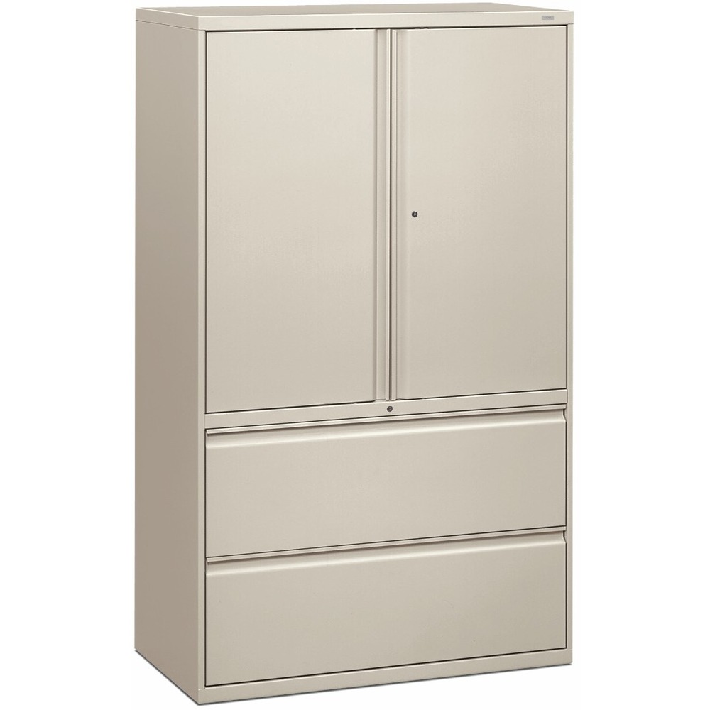 HON895LSQ - Lateral file with cabinet storage features locking hinged doors with bevel pulls and two adjustable shelves that adjust in 2" increments. Inside height of cabinet is 36-1/4". Bottom of cabinet has two lateral file drawers with full-width bevel pulls, steel ball-bearing suspension, and adjustable hangrails for side-to-side letter-size/legal-size filing. "One-Key" core-removable locks on door and on file lock independently. Light gray lateral file has four adjustable leveling guides. File is certified by SCS to be in compliance with specific, indoor, air-quality emission requirements and meets or exceeds applicable ANSI/BIFMA standards.