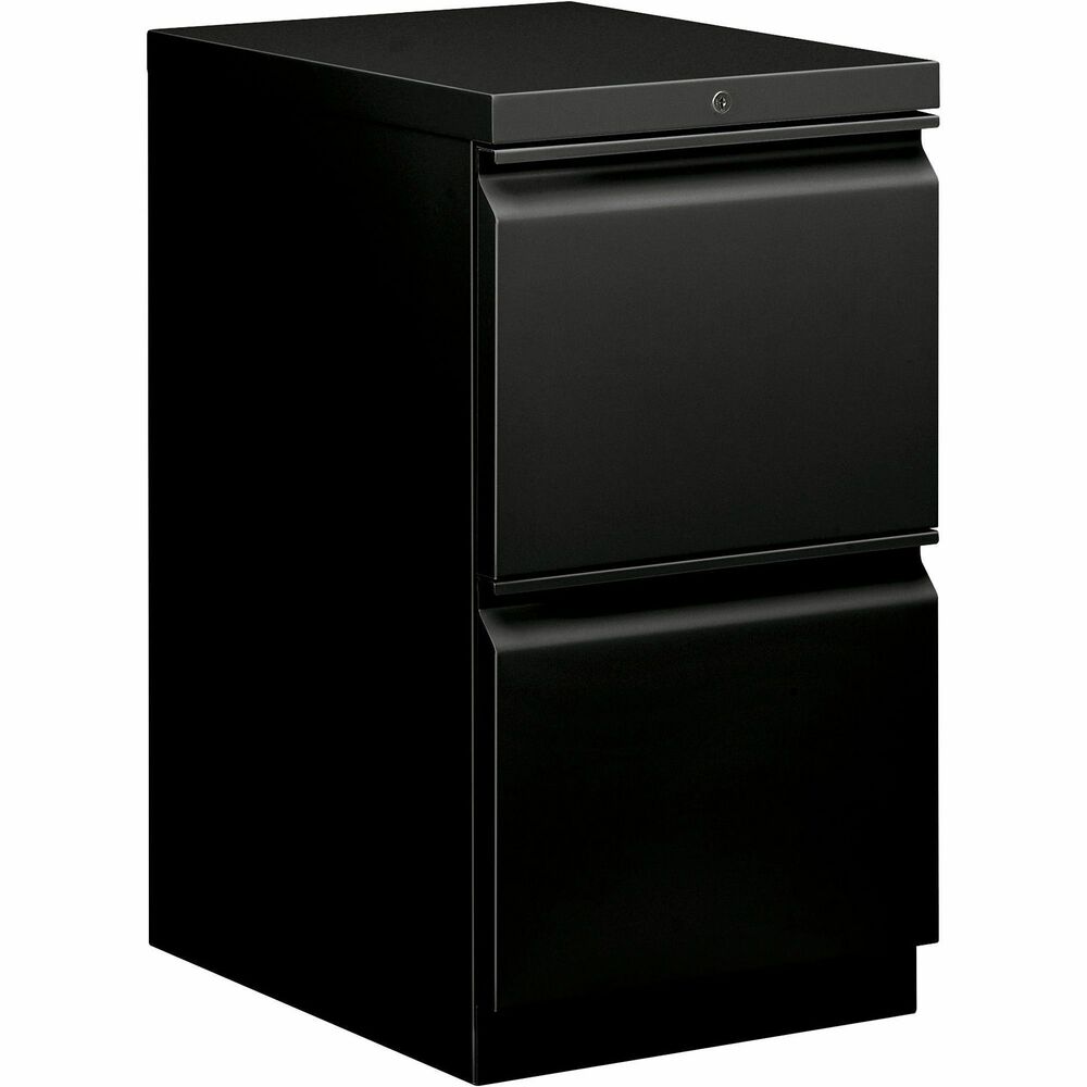 HON33820RP - Mobile pedestal with HON Brigade Series 800 lateral-pull design fits under standard HON Initiate, 38000 Series and 29-1/2" worksurfaces. Freestanding pedestal offers a 19-7/8" depth and two file drawers with ball-bearing suspension (90 percent extension). High-sided file drawers feature two crossrails and accommodate front-to-back filing for letter-size, hanging file folders. Counterweight inhibits tipping when opening more than one drawer. Black pedestal is also equipped with a HON One Key interchangeable, core-removable lock; fixed front casters; and swivel rear casters. Pedestal meets or exceeds ANSI/BIFMA and ISTA performance standards.