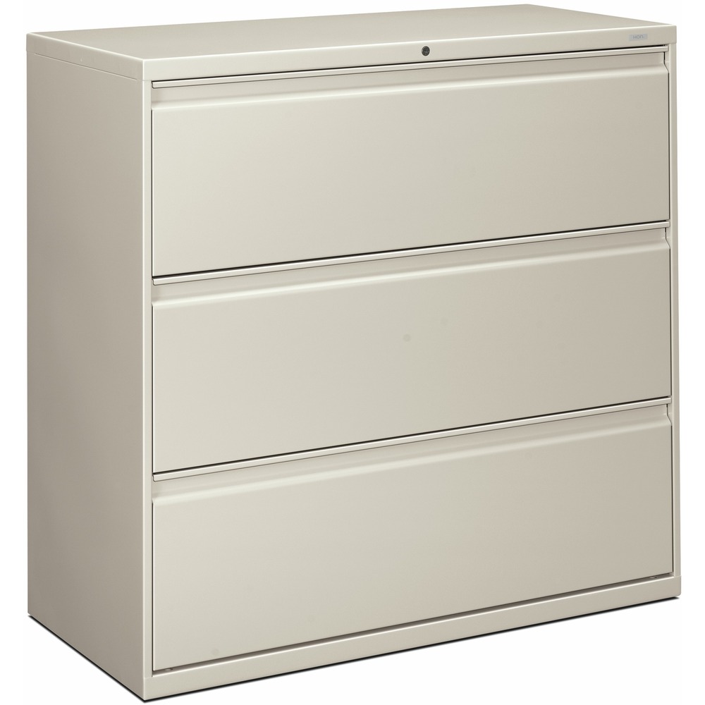 HON893LQ - Three-drawer lateral file offers clean lines, reinforced case construction, 42" width, dual side locks for security, and full-width, designer-style handles. Baked enamel finish over rust-inhibiting, phosphate pretreatment adds more durability. Three-part, telescoping, ball-bearing suspension delivers smooth drawer operation. Drawers accommodate letter-size or legal-size folders from side-to-side with included adjustable hangrails. Drawers are flush at the top and sides and feature drawer-extension restraint. Mechanical interlock allows only one drawer to open at a time. Light gray lateral file also offers four adjustable leveling guides for stabilizing and HON One Key interchangeable, core-removable lock. Lock mechanism secures both sides of drawers.