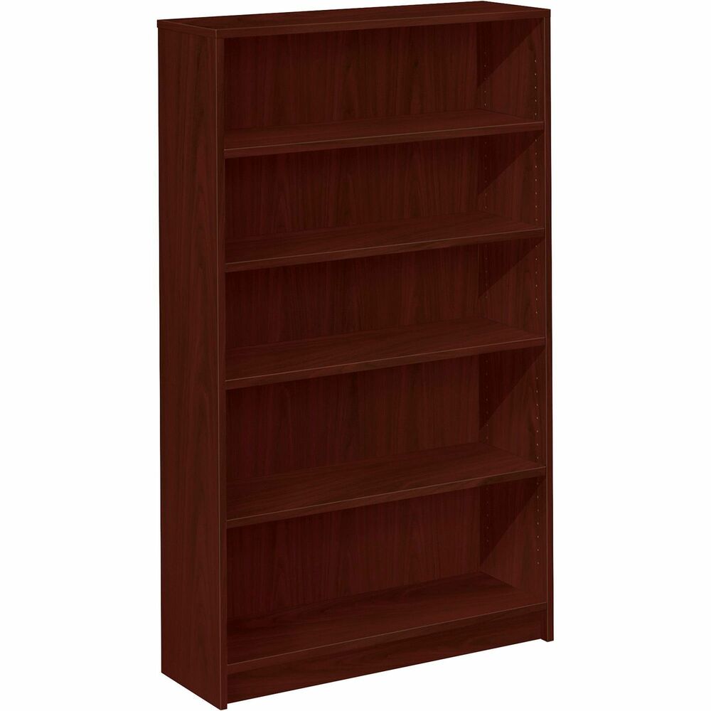 HON1875N - Five-shelf laminate bookcase features a square-edge profile and hardboard back panel. All surfaces (except outside of back) are finished in abrasion-resistant, thermal-fused, Mahogany laminate over solid-core, high-density particleboard. Three of the 3/4" thick shelves are adjustable in 1-1/4" increments. Bookcase is designed for small office/home office applications. Cam-lock fasteners and wood dowels ensure pieces go together easily and precisely. Bookcase is equipped with four adjustable leveling glides and meets or exceeds ANSI/BIFMA and ISTA performance standards.
