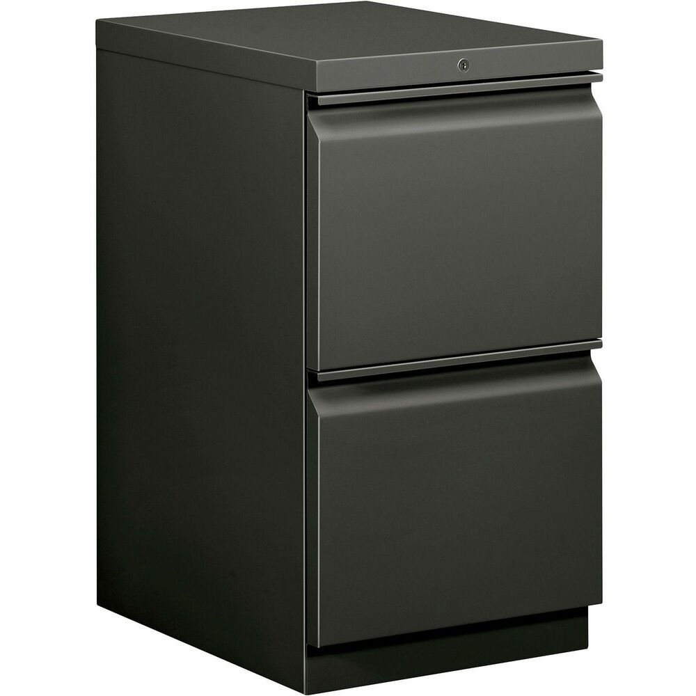 HON33820RS - Mobile pedestal with HON Brigade Series 800 lateral-pull design fits under standard HON Initiate, 38000 Series and 29-1/2" worksurfaces. Freestanding pedestal offers a 19-7/8" depth and two file drawers with ball-bearing suspension (90 percent extension). High-sided file drawers feature two crossrails and accommodate front-to-back filing for letter-size, hanging file folders. Counterweight inhibits tipping when opening more than one drawer. Charcoal gray pedestal is also equipped with a HON One Key interchangeable, core-removable lock; fixed front casters; and swivel rear casters. Pedestal meets or exceeds ANSI/BIFMA and ISTA performance standards.