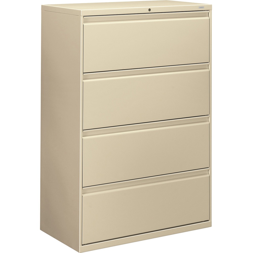 HON884LL - Four-drawer lateral file offers clean lines, reinforced case construction, 36" width, dual side locks for security, and full-width, designer-style handles. Baked enamel finish over rust-inhibiting, phosphate pretreatment adds more durability. Three-part, telescoping, ball-bearing suspension delivers smooth drawer operation. Drawers accommodate letter-size or legal-size folders from side-to-side with included adjustable hangrails. Drawers are flush at the top and sides and feature drawer-extension restraint. Mechanical interlock allows only one drawer to open at a time. Putty-colored lateral file also offers four adjustable leveling guides for stabilizing and HON One Key interchangeable, core-removable lock. Lock mechanism secures both sides of drawers.