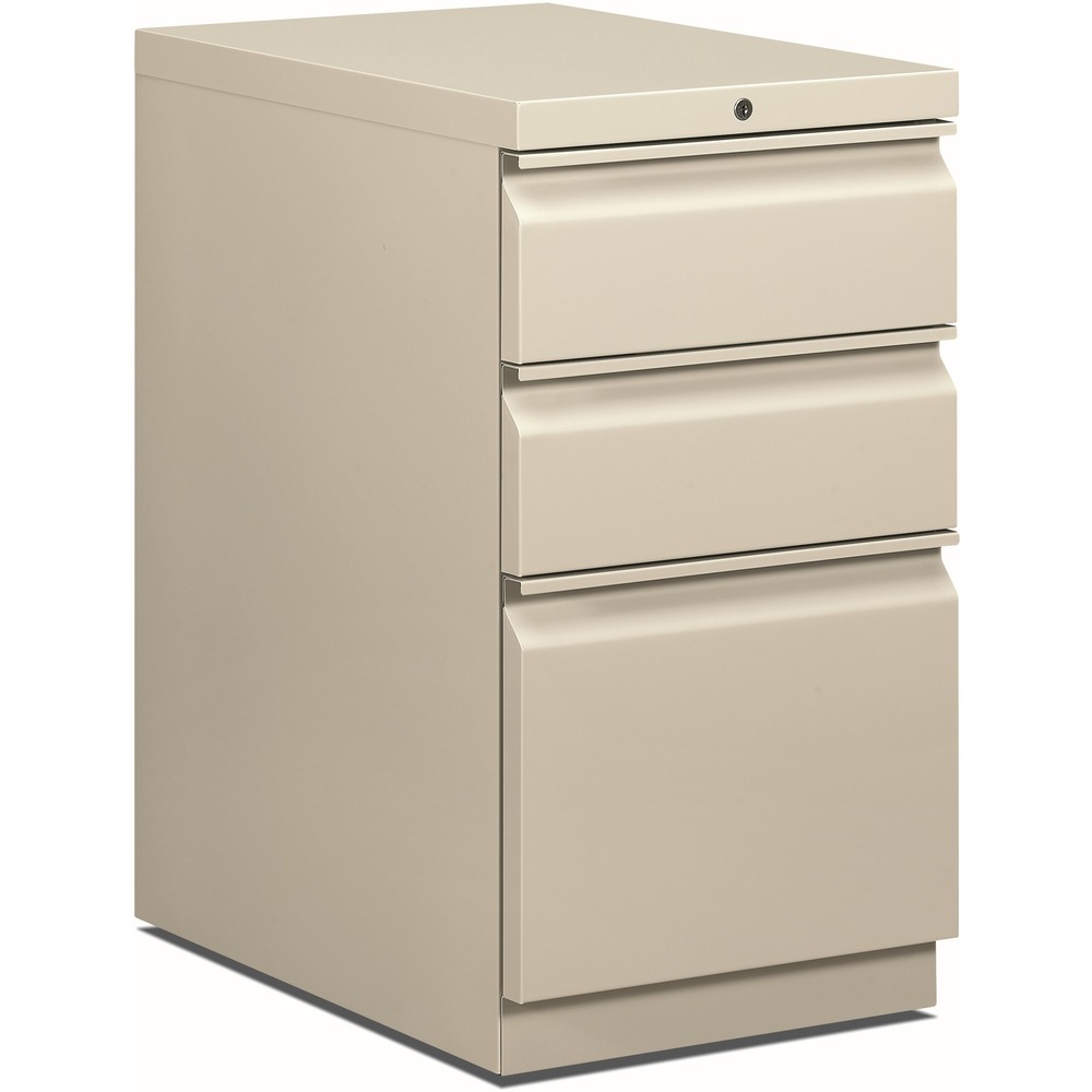 HON33723RQ - Mobile pedestal with HON Brigade Series 800 lateral-pull design fits under standard HON Initiate, 38000 Series and 29-1/2" worksurfaces. Freestanding pedestal offers one file drawer and two box drawers. High-sided file drawer features two crossrails and accommodates front-to-back filing for letter-size, hanging file folders. Each box drawer has one adjustable divider and a pencil tray. Light gray pedestal also offers a 22-7/8" depth, ball-bearing suspension on the file drawer (90 percent extension), and roller suspension on two box drawers (75 percent extension). Counterweight inhibits tipping when opening more than one drawer. Pedestal is also equipped with a HON One Key interchangeable, core-removable lock; fixed front casters; and swivel rear casters. Pedestal meets or exceeds ANSI/BIFMA and ISTA performance standards.