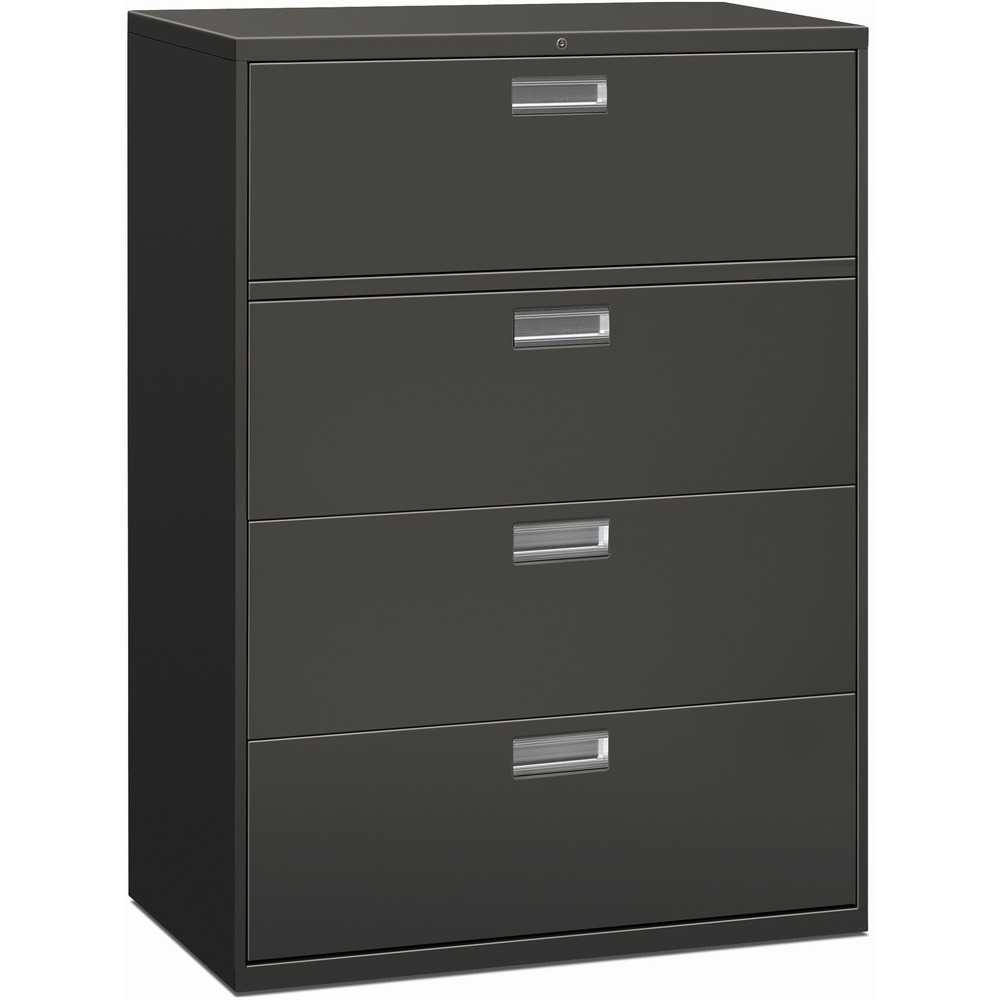 HON694LS - Four-drawer lateral file offers exceptional construction with double-walled base construction for maximum rigidity. Baked enamel finish over rust-inhibiting, phosphate pretreatment adds more durability. Telescoping, ball-bearing suspension delivers remarkably smooth drawer operation. Drawers accommodate letter-size or legal-size folders from side-to-side with included adjustable hangrails. Drawers are flush at the top and sides and feature drawer-extension restraint and aluminum, recessed drawer pulls. Mechanical interlock allows only one drawer to open at a time. 42" wide lateral file also offers four adjustable leveling guides for stabilizing; HON One Key interchangeable, core-removable lock; and reinforced case steel construction. Lock mechanism secures both sides of drawers.