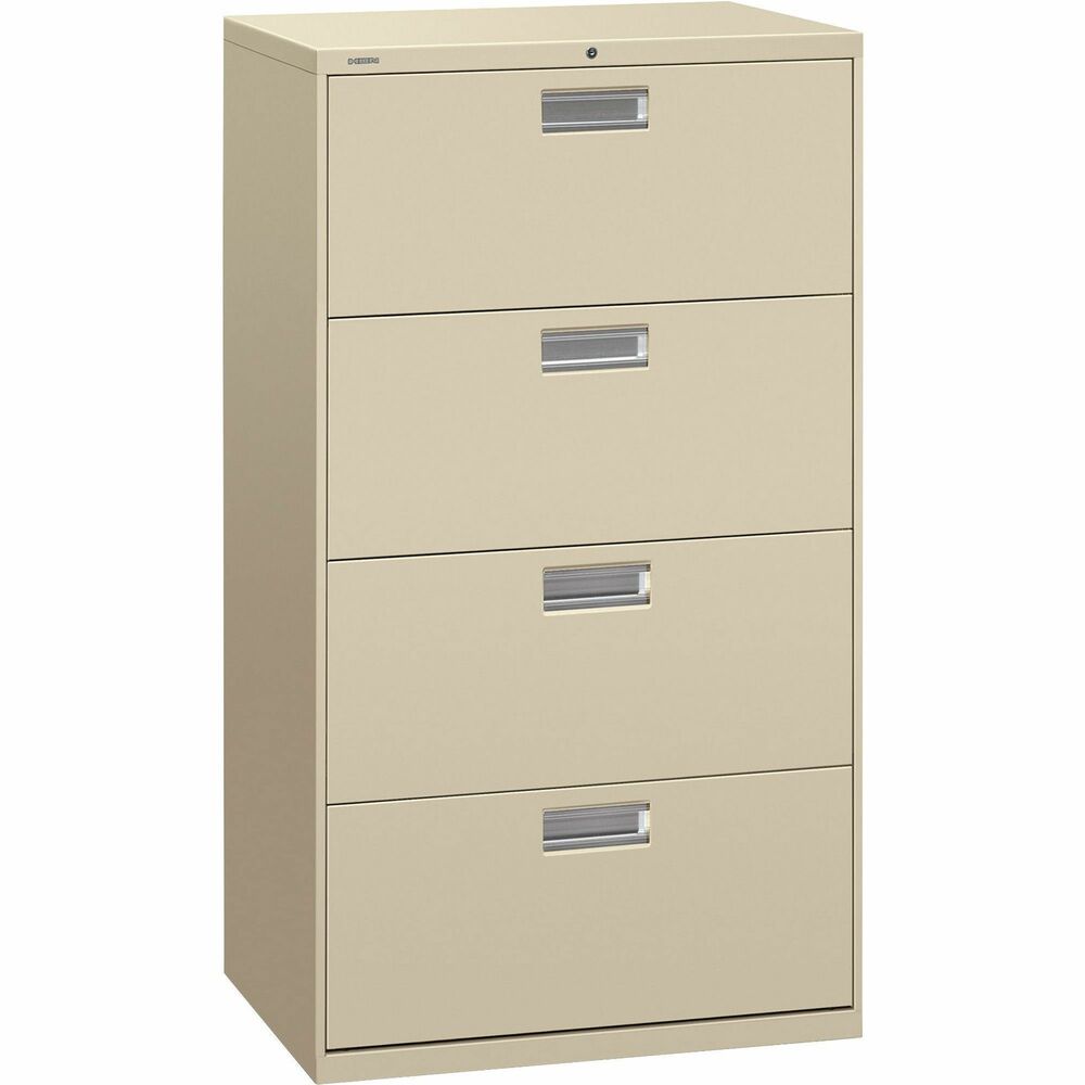 HON674LL - Four-drawer lateral file offers exceptional construction with double-walled base construction for maximum rigidity. Baked enamel finish over rust-inhibiting, phosphate pretreatment adds more durability. Telescoping, ball-bearing suspension delivers remarkably smooth drawer operation. Drawers accommodate letter-size or legal-size folders from side-to-side with included adjustable hangrails. Drawers are flush at the top and sides and feature aluminum recessed drawer pulls and drawer-extension restraint. Mechanical interlock allows only one drawer to open at a time. 30" wide lateral file also offers four adjustable leveling guides for stabilizing; HON One Key interchangeable, core-removable lock; and reinforced case steel construction. Lock mechanism secures both sides of drawers.