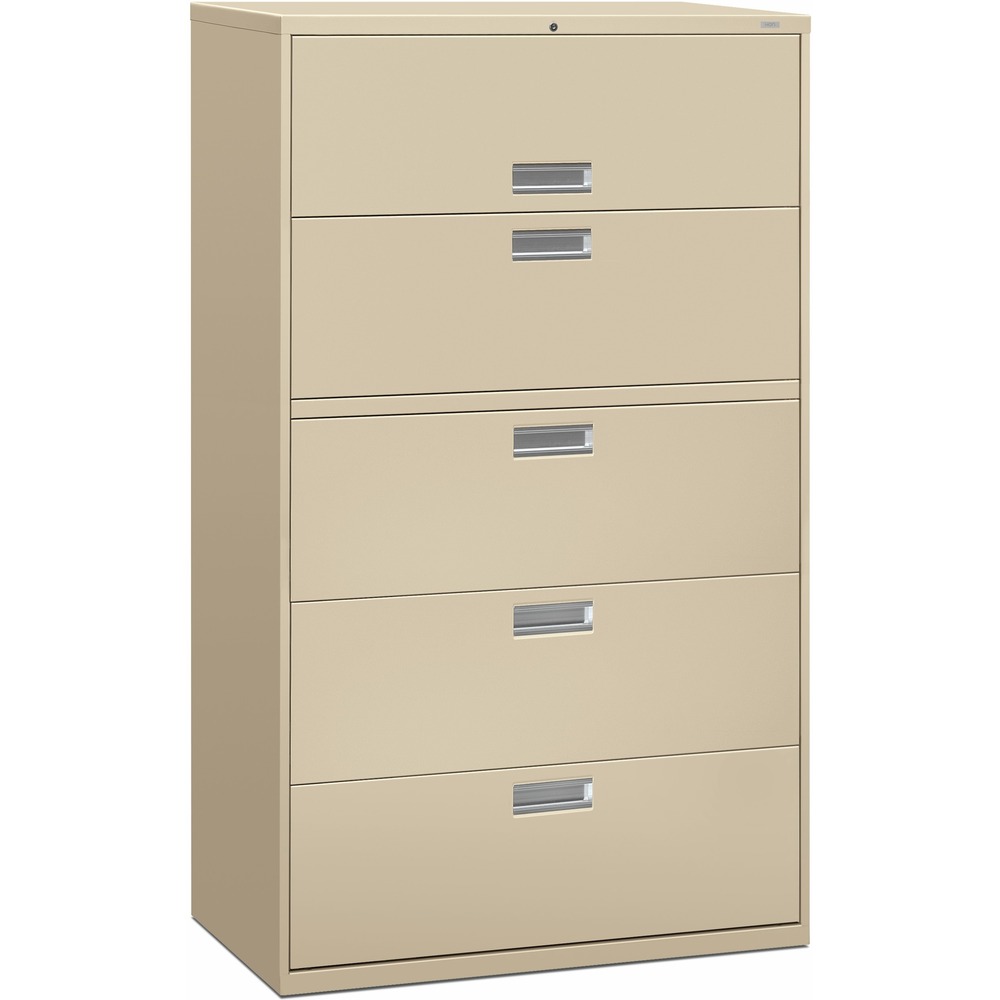 HON695LL - Five-drawer lateral file offers exceptional construction with double-walled base construction for maximum rigidity. Baked enamel finish over rust-inhibiting, phosphate pretreatment adds more durability. Telescoping, ball-bearing suspension delivers remarkably smooth drawer operation. The drawers accommodate letter-size or legal-size folders from side-to-side with included adjustable hangrails. Drawers are flush at the top and sides and feature aluminum recessed drawer pulls and drawer-extension restraint. Mechanical interlock allows only one drawer to open at a time. The top drawer is a roll-out shelf for side-to-side filing. Lateral file also offers four adjustable leveling guides for stabilizing; HON One Key interchangeable, core-removable lock; and reinforced case steel construction. Lock mechanism secures both sides of drawers.