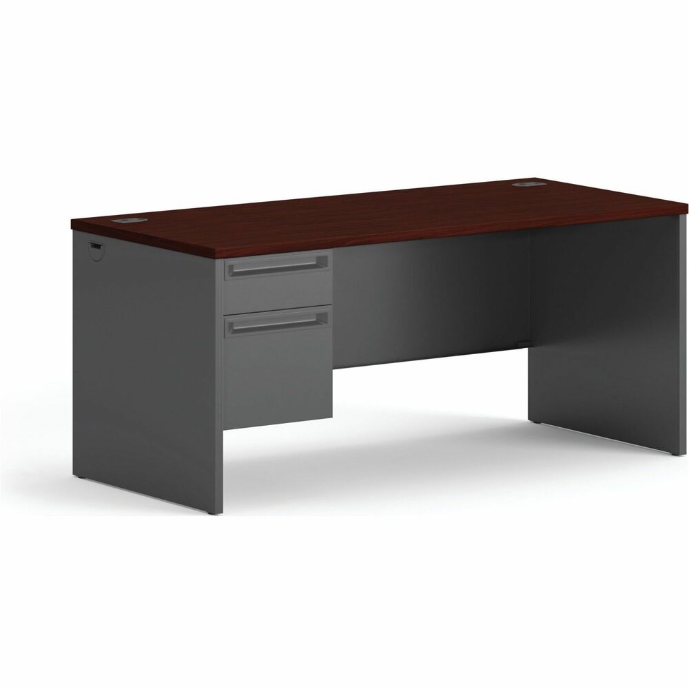 HON38292LNS - Single-pedestal desk belongs to the HON 38000 Modular Steel Desk Series with stylish rounded edges, sturdy construction and wire-management grommets for neat cord routing. Mahogany laminate, particleboard top features radius edges on front and rear edges. Color of pulls and grommets matches paint selection. Desk features two wire grommets in the top and one in each end panel for cable connections between desks. Design also includes a 3/4-height modesty panel, 6" overhang, one 3/4-height left pedestal with box/file configuration, locking drawers, spring-loaded follower blocks, and Tru-fit mitered drawer fronts for better visual alignment. High-sided file drawer accepts hanging files without hangrails and have three-part, full-extension, steel ball-bearing suspension for full access. Box drawer features two-part, 3/4-height extension, steel ball-bearing suspension. Durable steel construction has a baked enamel, charcoal finish over rust-inhibiting phosphate pre-treatment.