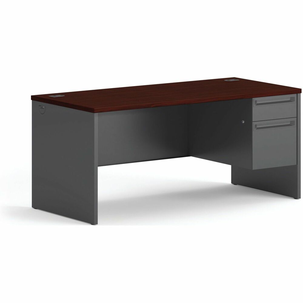 HON38291RNS - Single-pedestal desk belongs to the HON 38000 Modular Steel Desk Series with stylish rounded edges, sturdy construction and wire-management grommets for neat cord routing. Mahogany laminate, particleboard top features radius edges on front and rear edges. Color of pulls and grommets matches paint selection. Desk features two wire grommets in the top and one in each end panel for cable connections between desks. Design also includes a 3/4-height modesty panel, 6" overhang, one 3/4-height right pedestal with box/file configuration, locking drawers, spring-loaded follower blocks and Tru-fit mitered drawer fronts for better visual alignment. High-sided file drawer accepts hanging files without hangrails and have three-part, full-extension, steel ball-bearing suspension for full access. Box drawer features two-part, 3/-extension, steel ball-bearing suspension. Durable steel construction has a baked enamel, charcoal finish over rust-inhibiting phosphate pre-treatment.
