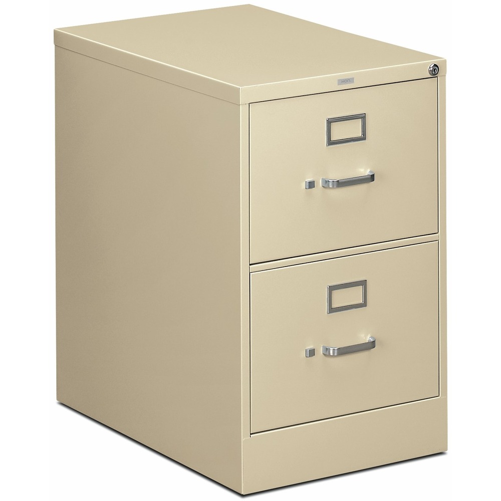 HON312CPL - Two-drawer, vertical filing cabinet features a 26-1/2" case depth, label holders and a One Key core-removable lock kit. High drawer sides accept legal-size hanging folders without the use of hangrails. Both drawers have thumb latches and three-part, telescoping, steel ball-bearing suspension. Spring-loaded, follower blocks keep files upright. Follower blocks have positive, slide-action positioning that is adjustable on 5/8" centers. Putty-colored vertical file has a baked enamel finish over rust-inhibiting, phosphate pretreatment. File is certified by SCS to be in compliance with specific, indoor, air-quality emission requirements and meets or exceeds applicable ANSI/BIFMA standards.