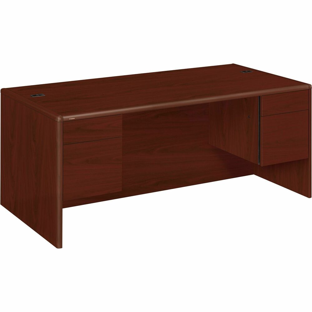 HON10791NN - Double-pedestal desk is part of HON 10700 Series Laminate Wood Desks with worksurfaces and outer end panels clad in multilayer, high-pressure laminate that resists water, abrasions and most solvents. Rich, Mahogany finish covers a durable, 1-1/8" thick, solid-core, high-performance particleboard that resists warping. Hardwood trim is stained to match the top-grade, stain-resistant laminate. Two 3/4 pedestals maximize filing storage space with a box/file design. All drawers lock. Five-sided drawer construction allows easy drawer alignment. Hangrails in file drawers offer side-to-side letter and legal filing and front-to-back letter filing. 72" wide desk also features double-radius edge detail, 10-1/2" recessed modesty panel, two worksurface grommets to route and hide, and adjustable hex leveling glides.