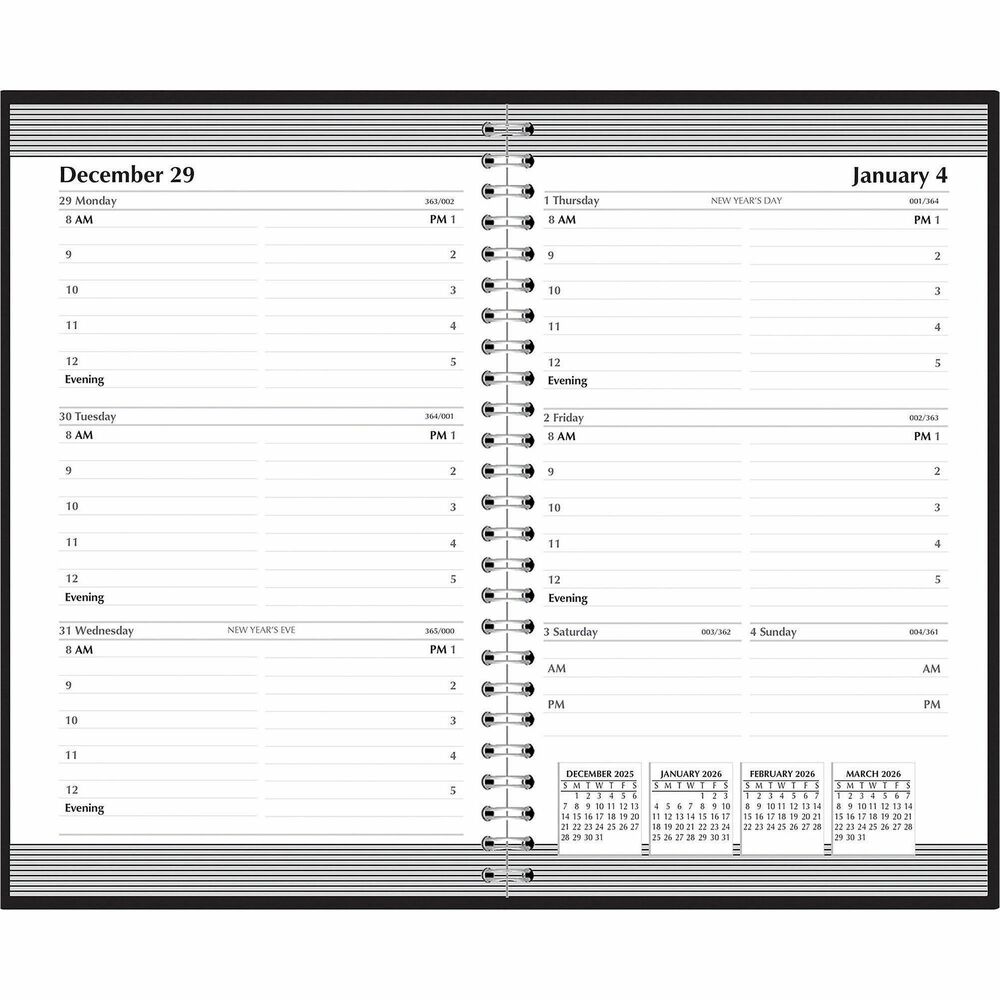 HOD27802 - Weekly planner offers 12 months of dated planning from January to December on recycled paper made from a high percentage of post-consumer material. Two-page-per-week spreads feature ruled daily entries in a horizontal format, half-hourly appointment times from 8 AM to 5 PM on weekdays, Monday-through-Sunday scheduling, count of days/days remaining, and past, current and two future months reference. Planner includes a personal information sheet, three-year reference calendar, a half page for future planning with two lines per month, half page for planning holidays in the upcoming year, a page with U.S. time zones, page for telephone numbers, and a page for notes. Strong wire binding firmly keeps the planner intact throughout the year. Simulated leather cover is embossed and made with a high percentage of recycled material. Nonrefillable pages are printed with soy ink.