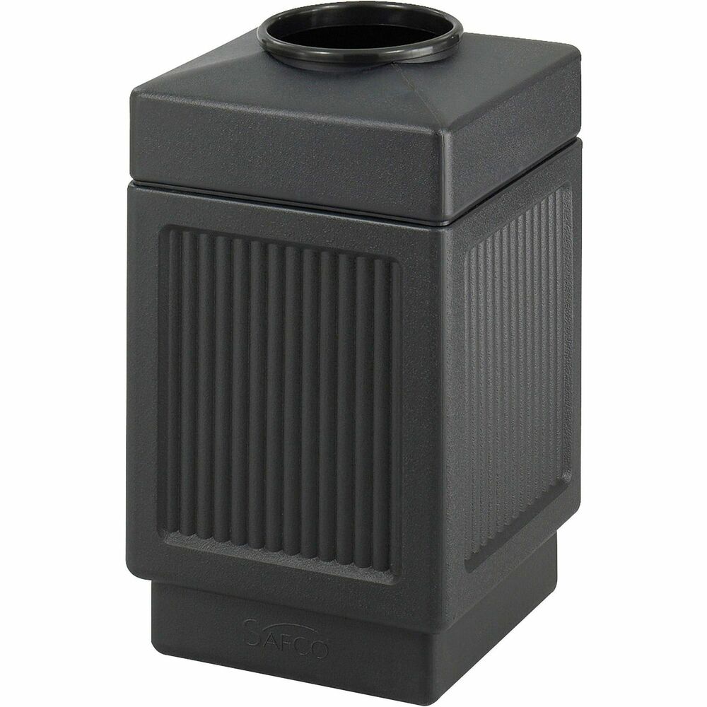 SAF9475BL - Indoor/outdoor waste receptacle with recessed panels features a square design and top opening. High-density polyethylene has built-in UV inhibitors to resist the harshest weather extremes. Telescoping base hides the bag. 38-gallon receptacle uses standard 32" x 44" trash bags and is easily adaptable for anchoring or weighting devices. Top opening measures 9-1/2" in diameter.