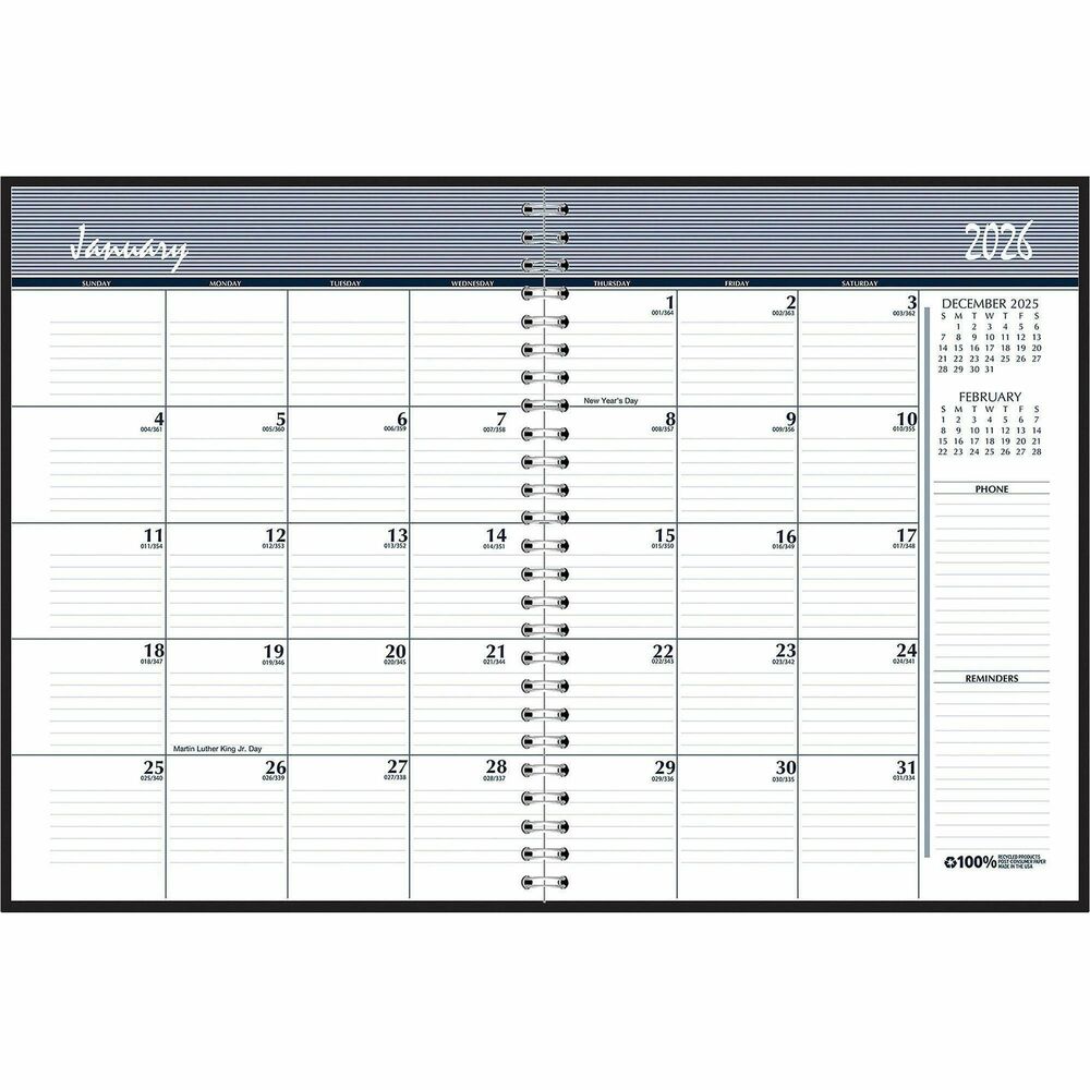 HOD26802 - Wirebound monthly planner includes an expense log and 35 memo pages to track expenses and important notes. Embossed, simulated leather cover offers a professional look. Planning pages range 14 months from December to January. Two-page-per-month spreads include large, unruled daily blocks (1-1/2" x 1-1/2") for detailed notes; holidays; count of days/days remaining; Sunday-through-Saturday scheduling; a ruled notes area along the side; and past and future months reference near the top right corner. Nonrefillable planner is printed with soy ink on paper made with a high percentage of recycled material.
