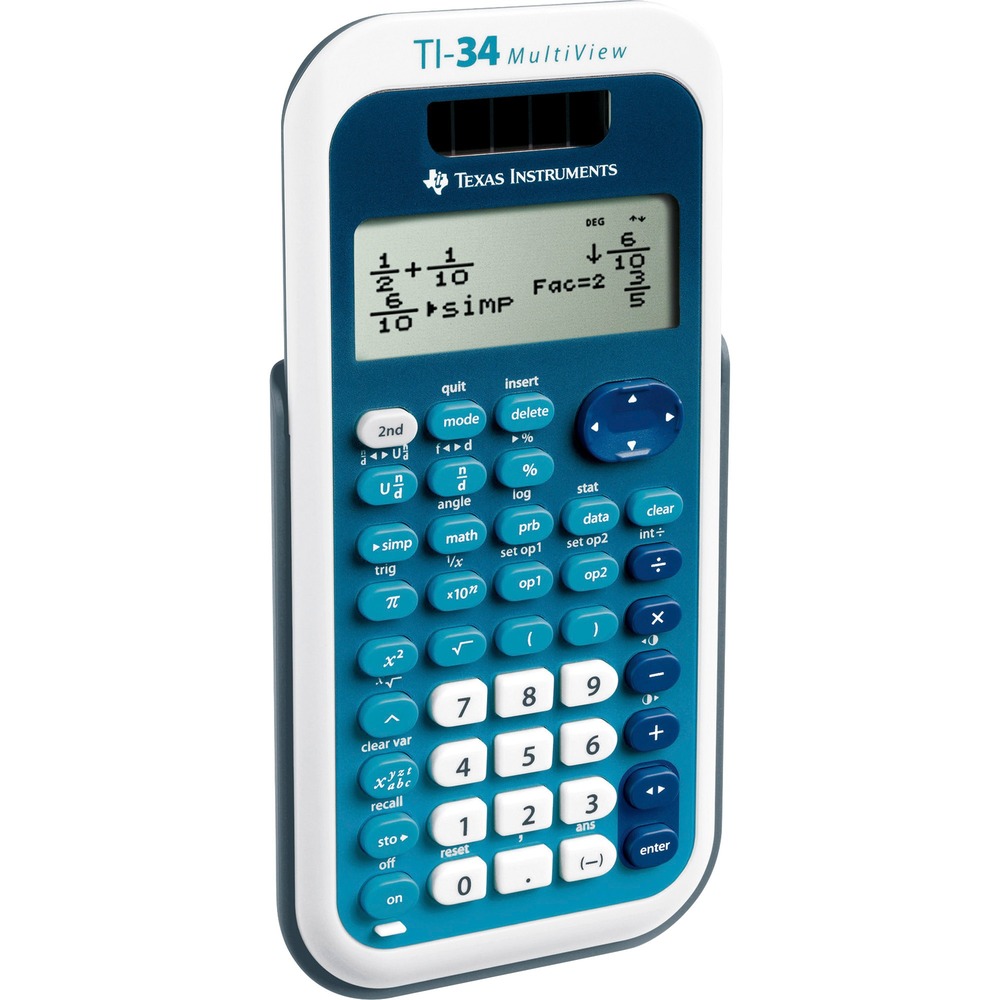 TEXTI34MV - TI-34 MultiView is ideal for middle school math, pre-Algebra, Algebra I and II, trigonometry, general science, geometry, and biology. MultiView display shows fractions as they are written on paper. View multiple calculations on a four-line display and easily scroll through entries. Enter multiple calculations to compare results and explore patterns on the same screen. Simplify and convert fractions to decimals and back again. Integer division key expresses results as quotient and remainders. Toggle Key lets you quickly view fractions, decimals and terms including Pi in alternate forms. Functions include previous entry, power, roots, reciprocals, variable statistics and seven memories. Scientific calculator also features user-friendly menus, automatic shutoff, hard plastic color-coded keys, nonskid rubber feet, impact-resistant cover with a quick-reference card, and dual power with solar and battery operation.