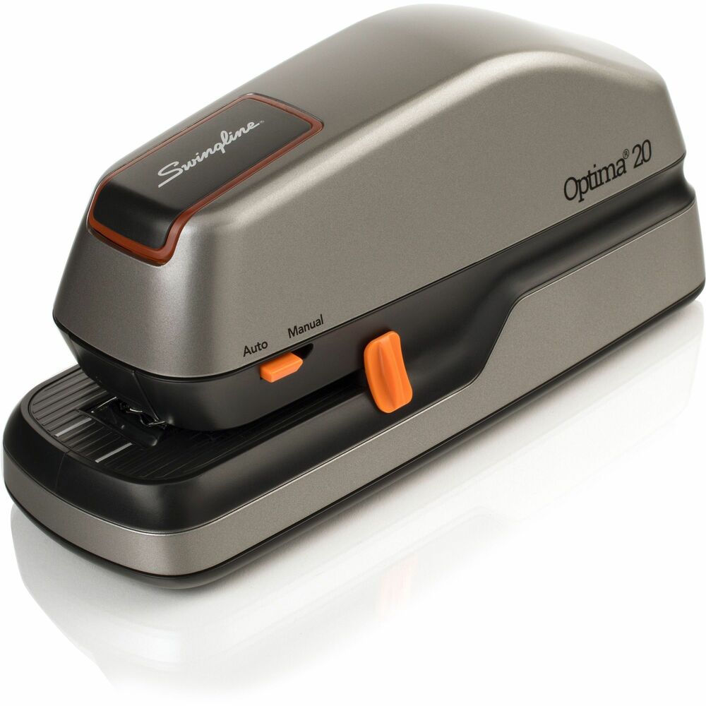 SWI48208 - Optima 20-Sheet Full-Strip Electric Stapler delivers jam-free stapling of up to 20 sheets with Optima Premium Staples. Ergonomic for desktop or handheld use, Fast and quiet, electric stapler includes a QuickLoad feature and runs on AC adapter or six AA batteries (not included). Compact design lets you take reliable automatic stapling wherever you need it.