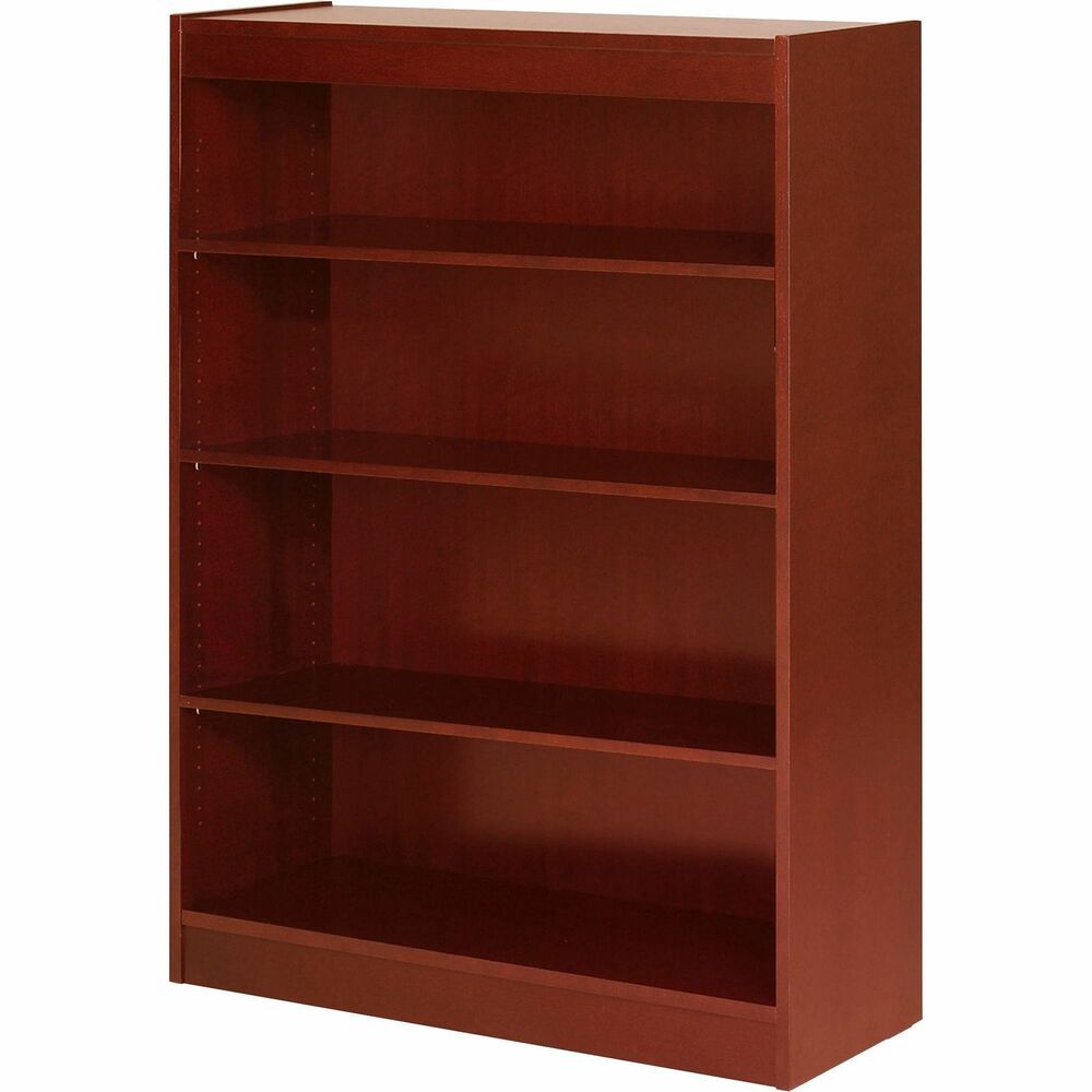 LLR89052 - High-quality, veneer bookcase features a vintage square design. Solid, 3/4" thick shelves are adjustable on 1-3/4" centers with pinhole attachments, except for bottom shelf. Four-shelf bookcase has a laminate finish on the back's interior and an unfinished back side. Each shelf holds up to 110 lb.