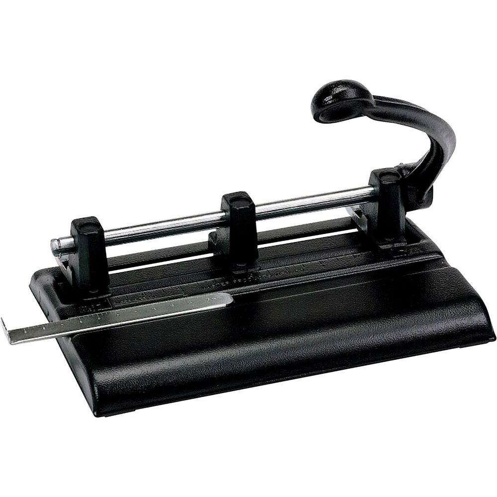 MAT1340PB - 40-sheet three-hole/two-hole punch provides power handle leverage that lets you easily punch through up to 40 sheets of 20 lb. paper. Punches extra-large 13/32" holes. Adjusts for two-hole or three-hole punching. Accepts two to seven punch heads to punch two to seven holes. Extra punch heads sold separately. Punch includes adjustable ruled paper guide, margin depth guides, large paper chip pan and nonskid rubber feet.