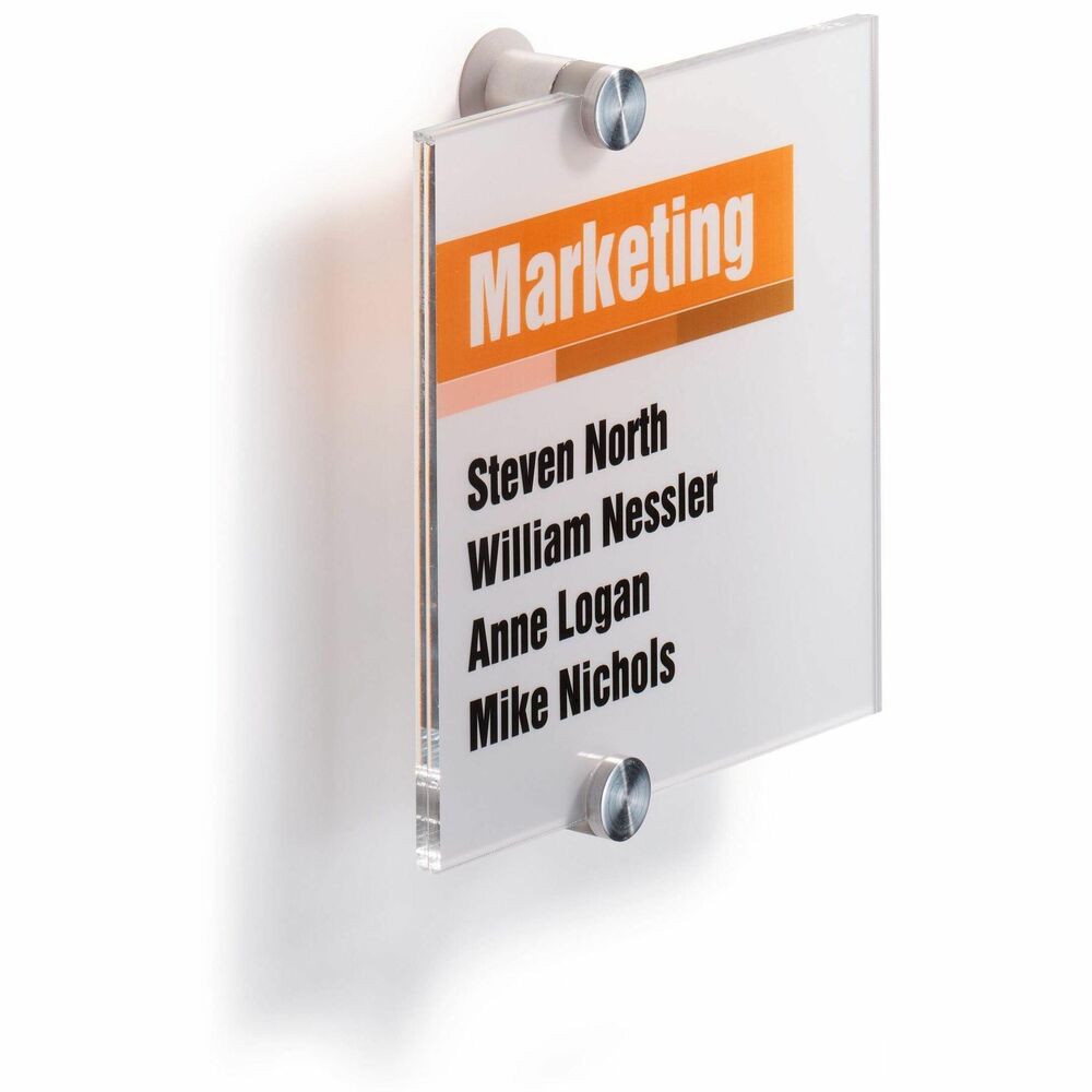 DBL482219 - Crystal Signs provide stylish interior signage that can be updated instantly whenever tenant, faculty or staff changes occur. Transparent design allows straightforward edits and updates. Each sign includes standoff posts, two acrylic panels, two microperforated Mylar inserts, mounting hardware and a template for wall-mounting. Included laser-printable Mylar inserts are sized for an exact panel fit and are microperforated for a clean tearing with no scissors needed. Refills allow you to create new messages effortlessly using Durable's free online software. More from the Manufacturer