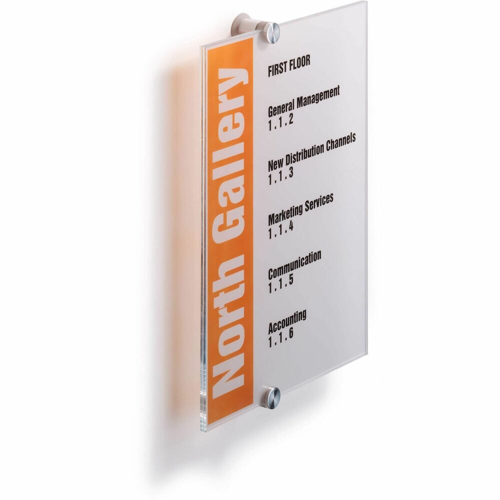 DBL482519 - Crystal Signs provide stylish interior signage that can be updated instantly whenever tenant, faculty or staff changes occur. Transparent design allows straightforward edits and updates. Each sign includes standoff posts, two acrylic panels, two microperforated Mylar inserts, mounting hardware and a template for wall-mounting. Included laser-printable Mylar inserts are sized for an exact panel fit and are microperforated for a clean tearing with no scissors needed. Refills allow you to create new messages effortlessly using Durable's free online software. More from the Manufacturer