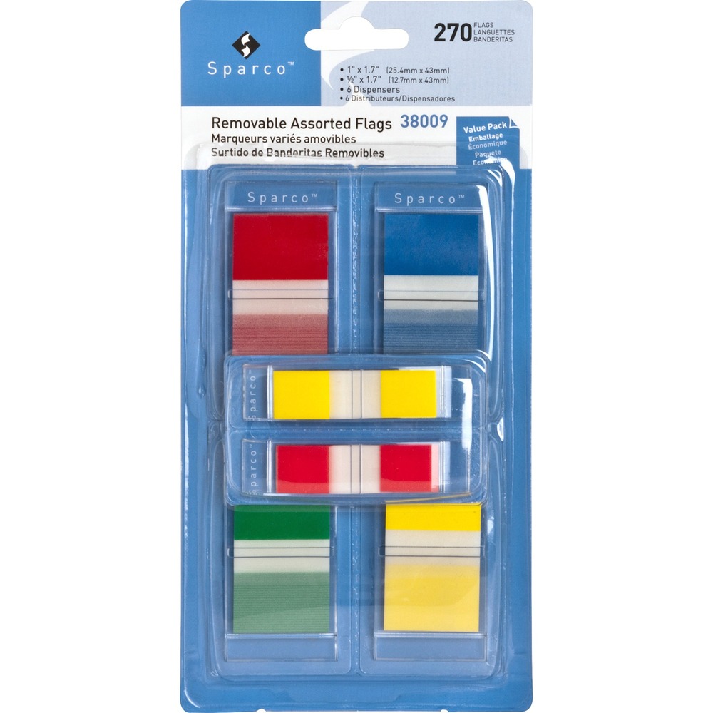 SPR38009 - Removable Flags Combo Pack includes removable 1" and 1/2" flags in pop-up dispensers. Transparent flags feature self-stick, removable adhesive. Flag design is half color and half clear. Flag kit includes four dispensers with 50 1" flags each and two dispensers with 35 1/2" flags each.