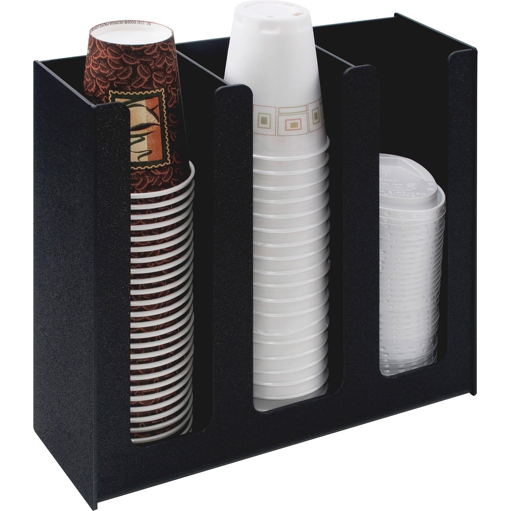 VRTVFPC1000 - Cup and lid holder offers three high columns with easy access to cups and lids. Nonskid tabs on base keep holder secure on counter. Commercial-grade construction will not crack, fade, or chip.