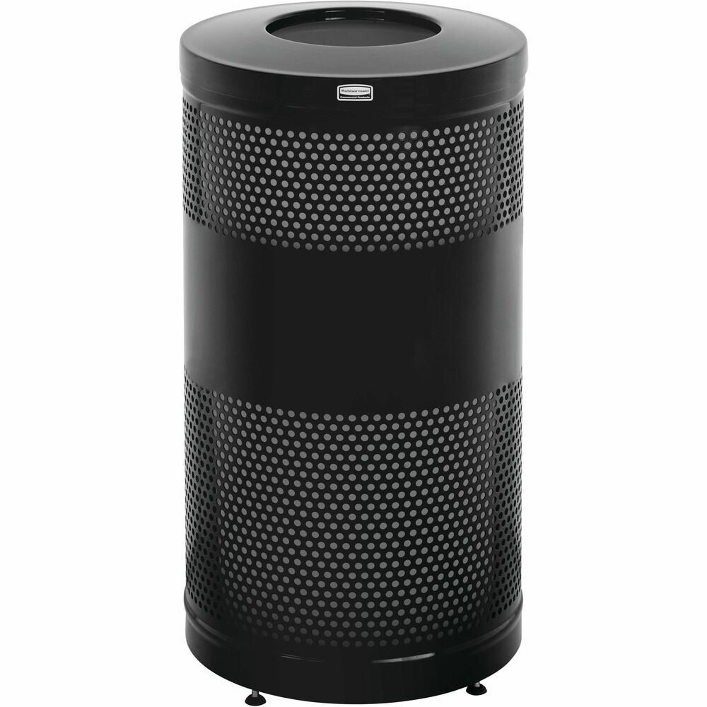 RCPS3ETBKPL - Classics Open Top Decorative Container features a perforated design to create a clean, modern appearance for indoor and outdoor environments. It is made from heavy-gauge, fire-safe steel to withstand constant use. Leakproof, rigid plastic liner (included) contains liquids and keeps the surrounding area cleaner. Retainer bands discreetly hold liner bags in place and out of sight. Leg levelers provide stability on uneven surfaces. Lid is fastened to receptacle with a cable, making it easier to collect trash. Wide center band around the large opening is ideal for displaying custom logos. No assembly for the 25-gallon decorative container is required for the waste receptacle.