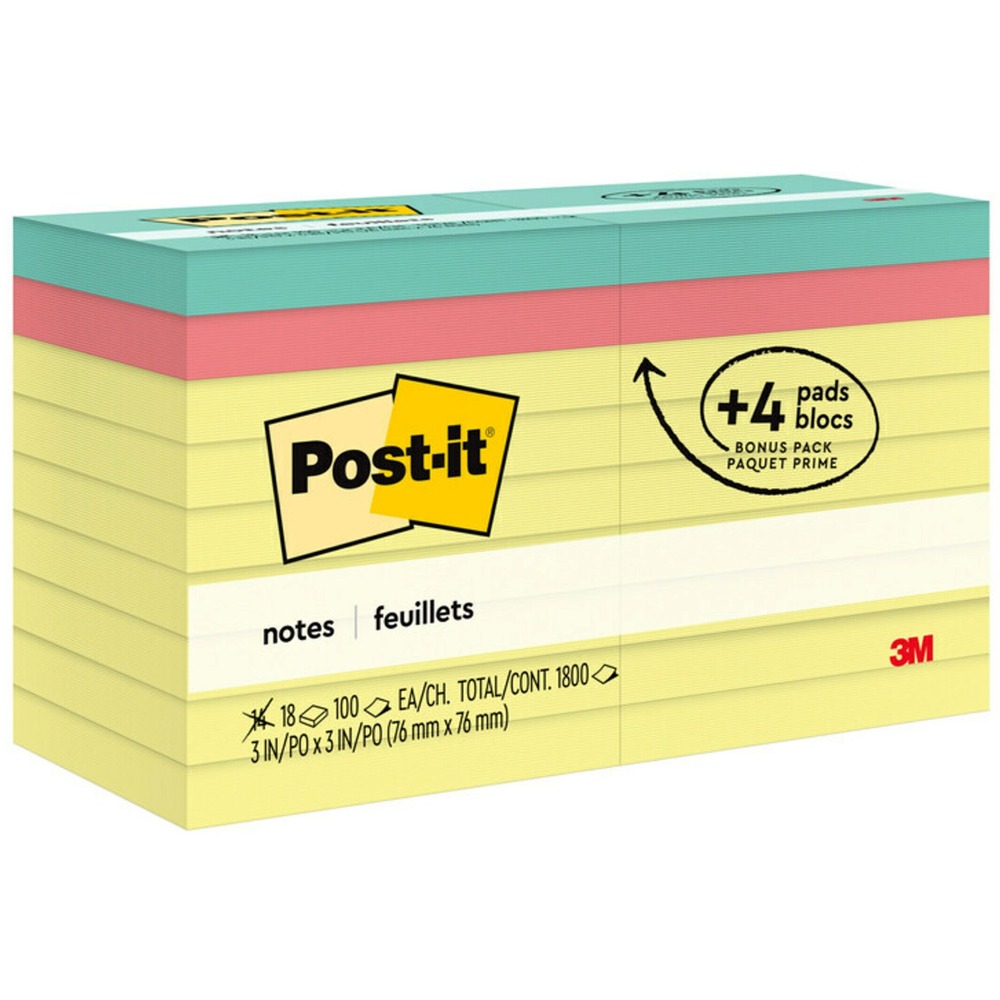 MMM654144B - An 18-pad Value Pack features the original Canary Yellow Post-it Notes and four additional pads in the Cape Town Color Collection. Self-stick removable notes stick securely and remove cleanly. The 3" x 3" size is perfect for reminders or a short to-do list. Familiar and attention-getting, Canary Yellow Notes help get your message across. The Cape Town Color Collection is a vibrant palette that's true to this port at the southern tip of Africa. Post-it Notes are recyclable, and the paper in Post-it Notes is sourced from certified, renewable and responsibly managed forests. More from the Manufacturer