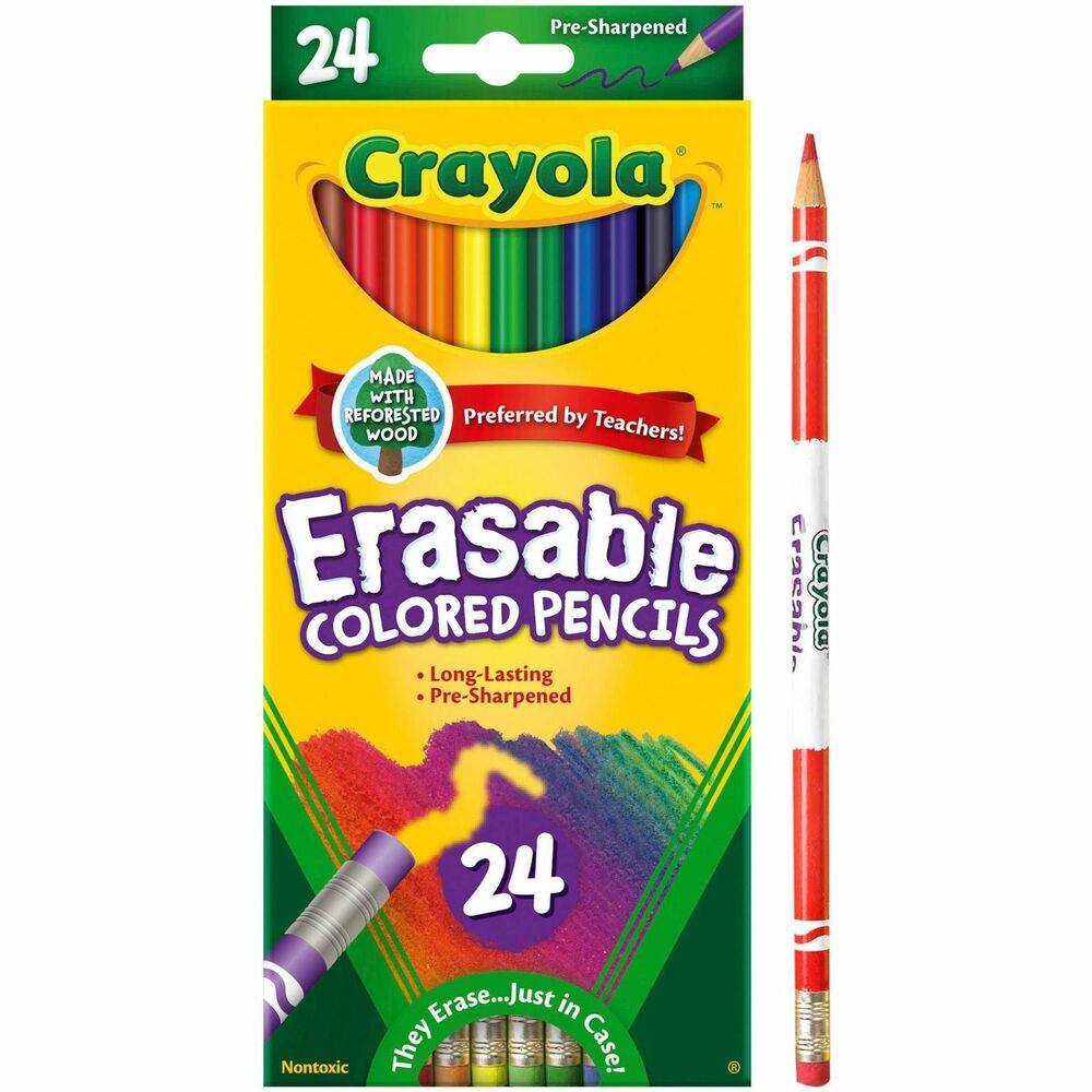 CYO682424 - Erasable, color pencils with an eraser on every pencil let children make changes to schoolwork and drawings. Create projects with confidence by eliminating frustrating do-overs. Make changes and corrections anytime. Thick, soft lead lays down smooth, delivering even color with no white spaces. It won't break easily under pressure. Pre-sharpened points stay sharp longer and sharpen easily. Pencils are recommended for children ages 3 and up and are created from reforested wood instead of wood from old-growth forests. For every tree used in the manufacturing of Crayola Colored Pencils, a new tree is planted.