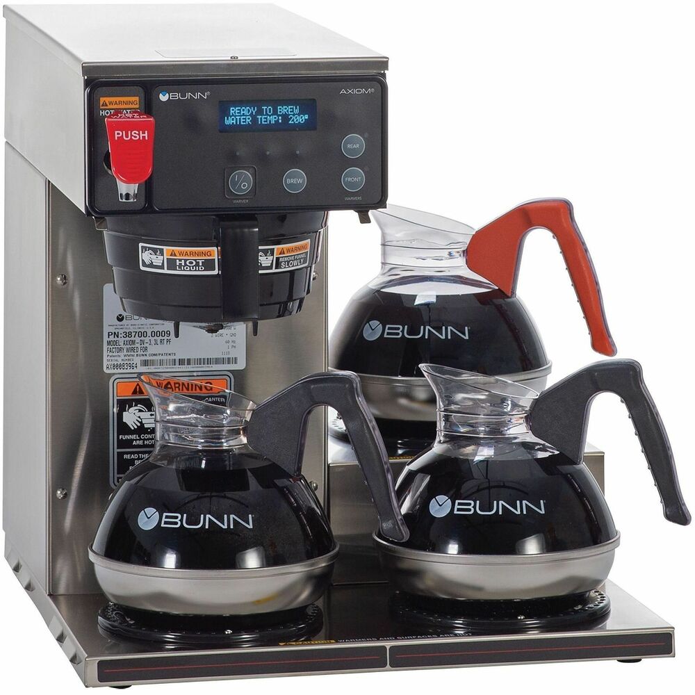 BUN387000002 - 12-cup Digital Three-Warmer Commercial Brewer offers a large 200 oz. tank (5.9 liters) for back-to-back brewing capacity. Brewer adjusts automatically to varying water pressure. For high lime areas, BrewLOGIC technology calculates flow rate and adjusts brew time to maintain consistent pot levels. BrewWIZARD technology incorporates simplified programming with a LCD screen. Pot level, cold brew lockout and tank temperature are set easily from advanced touch pad on front of machine. SplashGard funnel deflects hot liquids away from your hand. Coffee extraction is controlled with programmable pre-infusion or pulse brew and digital temperature control. Brewer offers digital temperature control and accuracy, automatic warmer shutoff, and dual voltage adaptability. Brewer can operate at 120V/15 amp or 120/208-240V/20 amp. Decanters are sold separately. Brewer is UL listed for commercial and industrial use. Brewer must be connected to a cold water system.