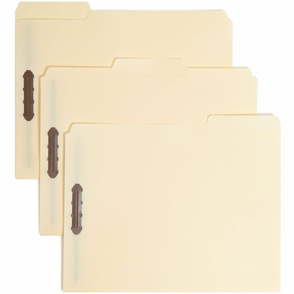 SMD10545 - Poly Fastener Folders are designed to protect and secure documents. Two fasteners in positions 1 and 3 subdivide the folder and separate documents for storage. 2" fasteners hold papers securely inside. Each folder is scored for 3/4" expansion. Acid-free, tear-resistant, poly material is durable and repels moisture. Tabs are in assorted, 1/3-cut positions.